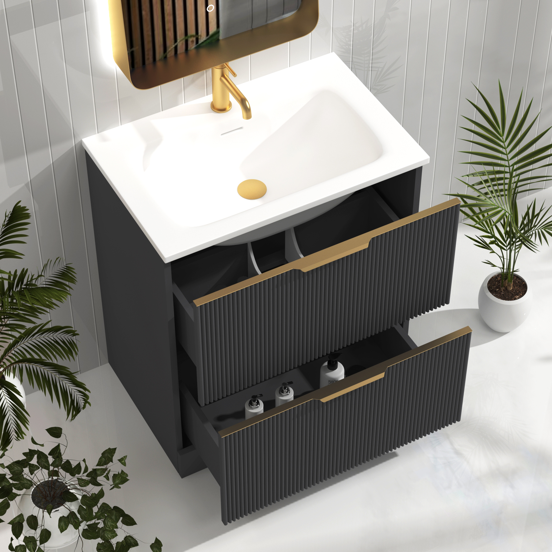 Evora 700mm Graphite Grey Fluted Floor Standing Vanity Unit 2 Drawer with Matt Stone Basin & Brushed Brass Handles
