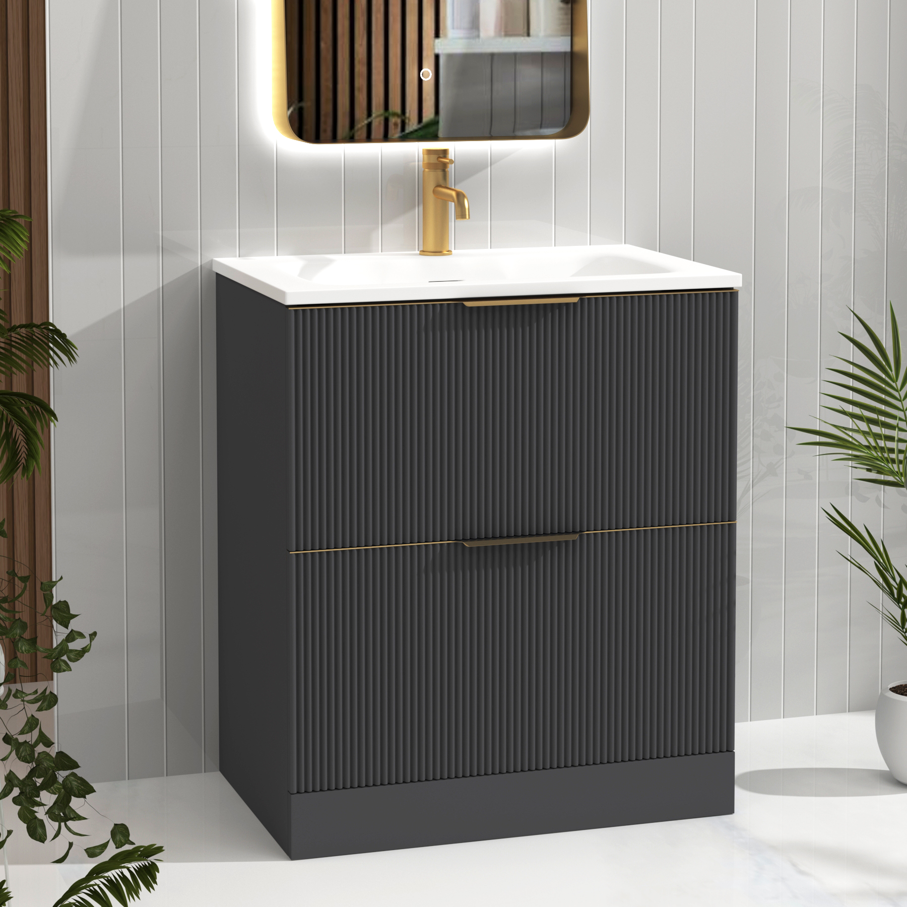 Evora 700mm Graphite Grey Fluted Floor Standing Vanity Unit 2 Drawer with Matt Stone Basin & Brushed Brass Handles