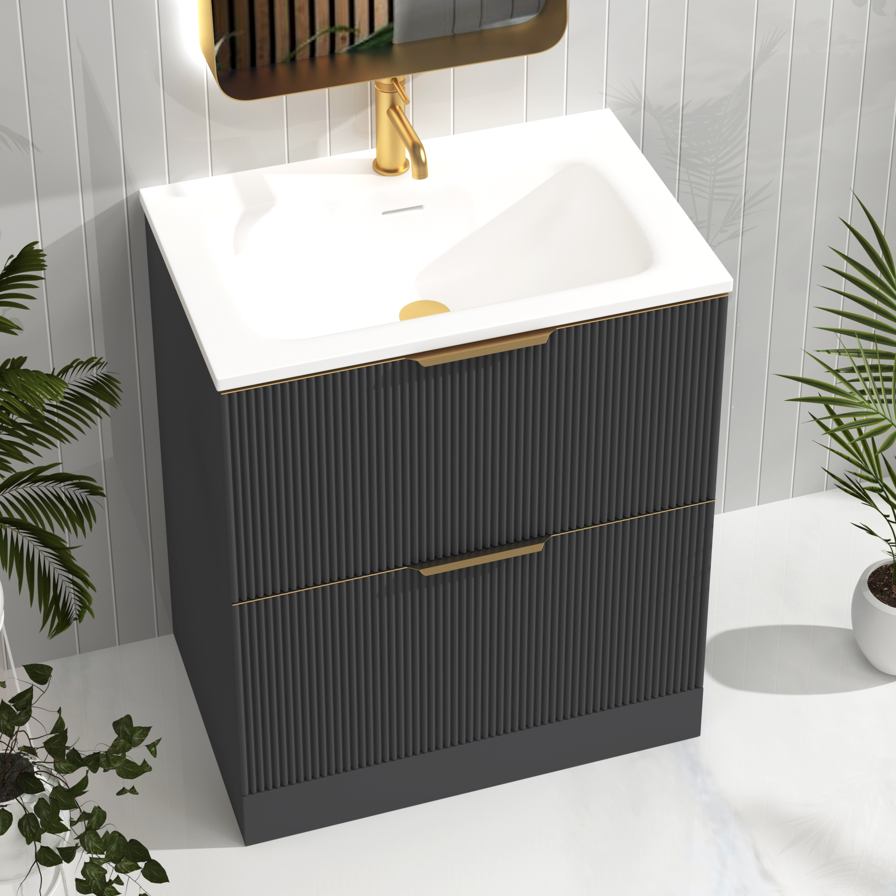 Evora 700mm Graphite Grey Fluted Floor Standing Vanity Unit 2 Drawer with Matt Stone Basin & Brushed Brass Handles