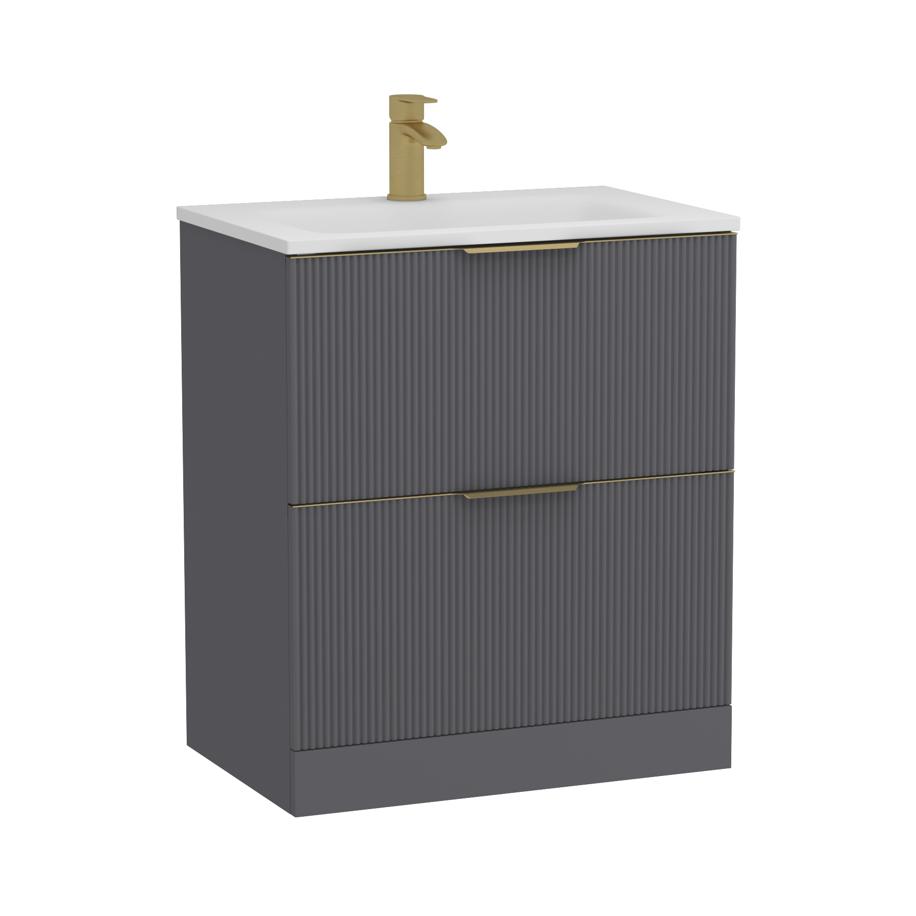 Evora 700mm Graphite Grey Fluted Floor Standing Vanity Unit 2 Drawer with Matt Stone Basin & Brushed Brass Handles