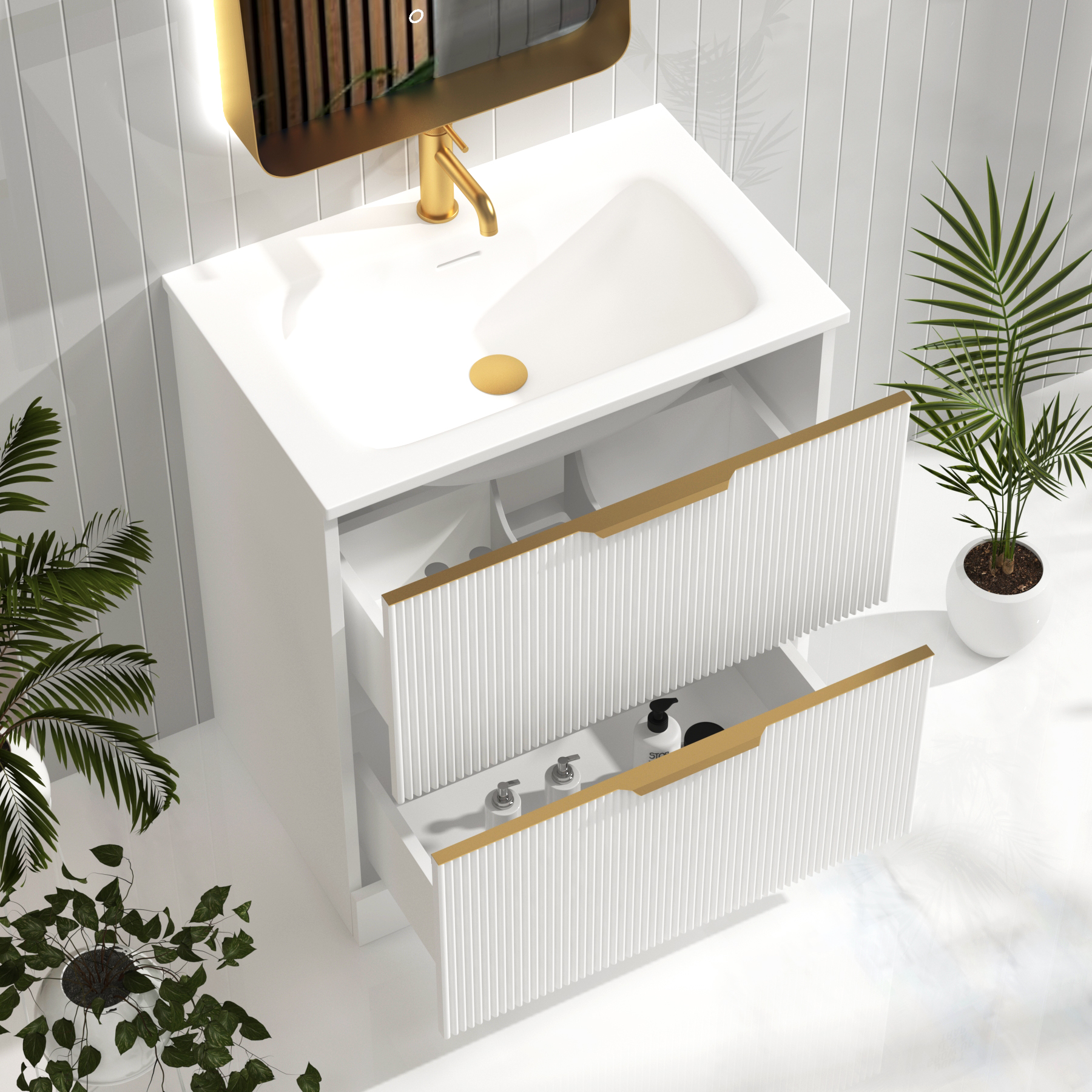 Evora 700mm Matt White Fluted Floor Standing Vanity Unit 2 Drawer with Matt Stone Basin & Brushed Brass Handles