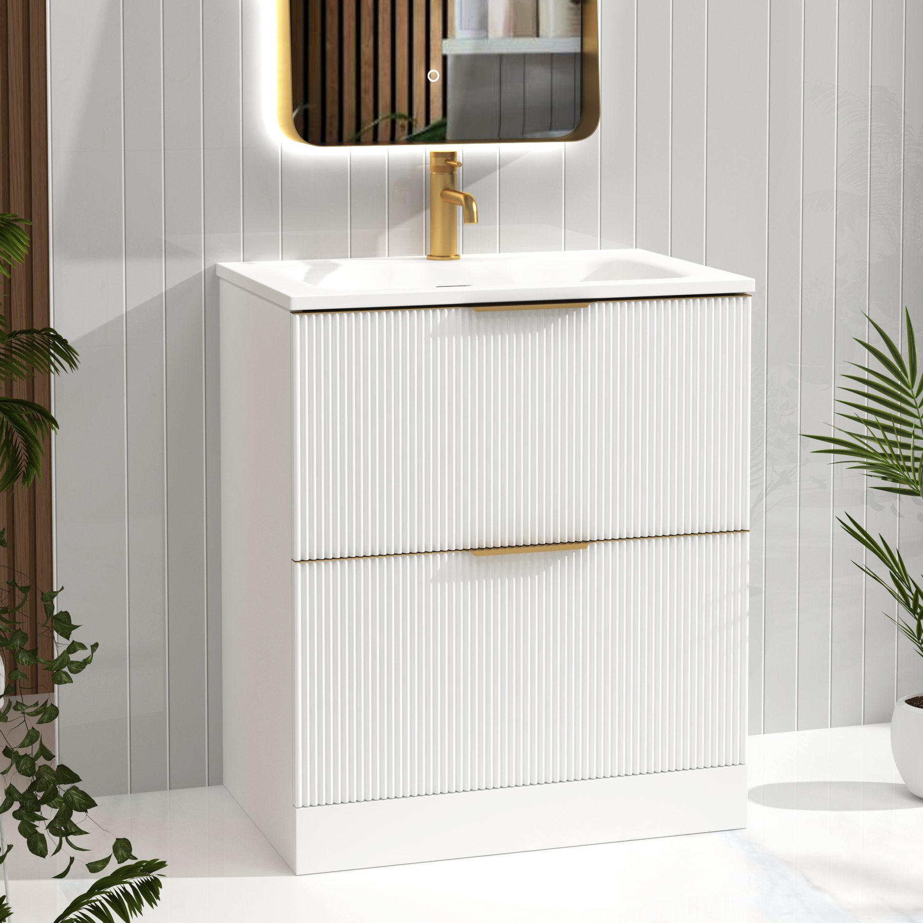 Evora 700mm Matt White Fluted Floor Standing Vanity Unit 2 Drawer with Matt Stone Basin & Brushed Brass Handles