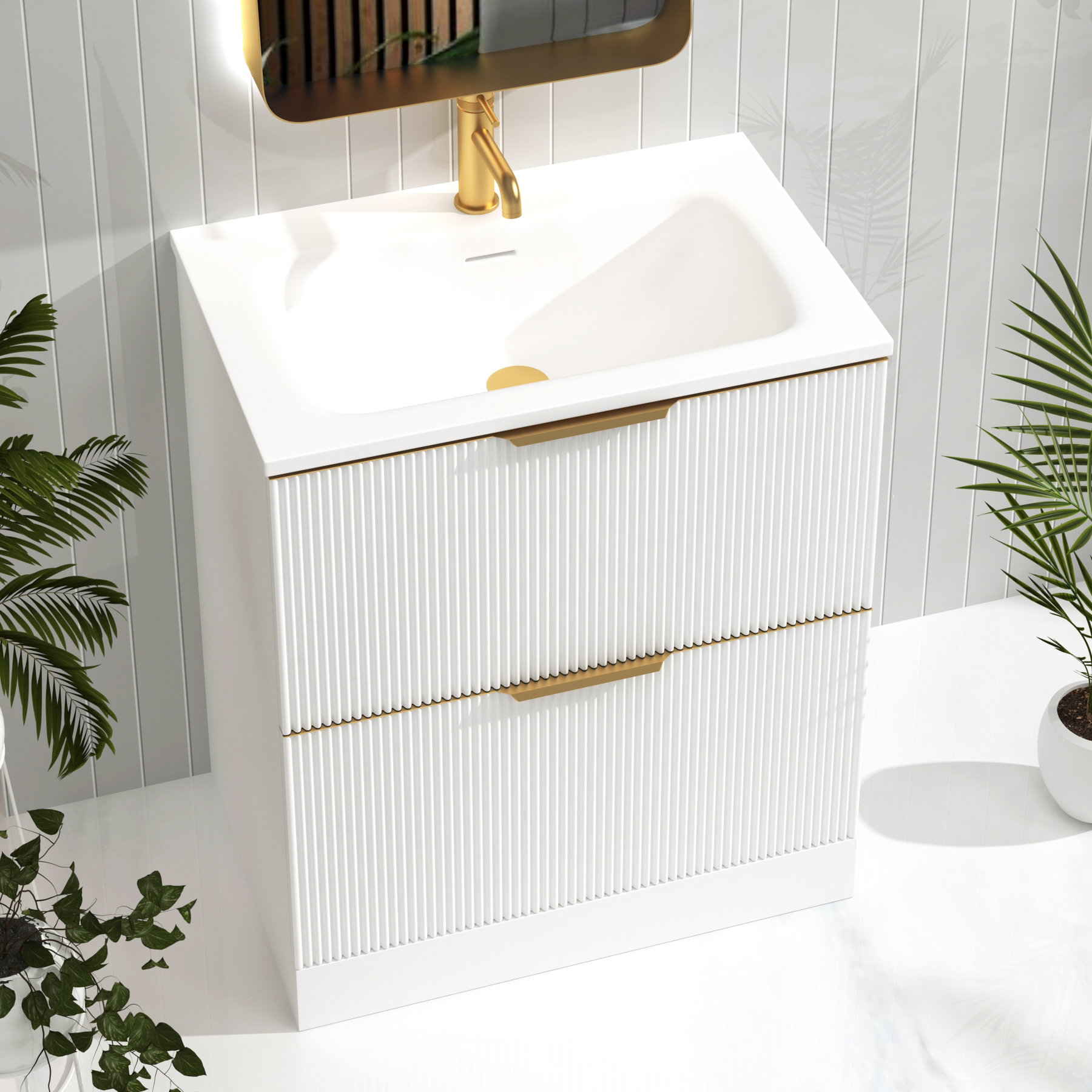 Evora 700mm Matt White Fluted Floor Standing Vanity Unit 2 Drawer with Matt Stone Basin & Brushed Brass Handles