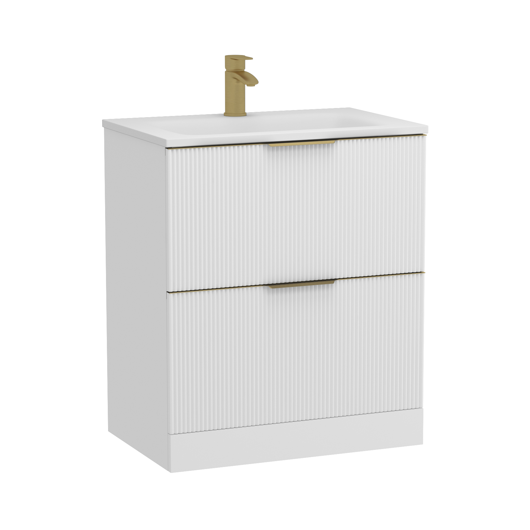 Evora 700mm Matt White Fluted Floor Standing Vanity Unit 2 Drawer with Matt Stone Basin & Brushed Brass Handles