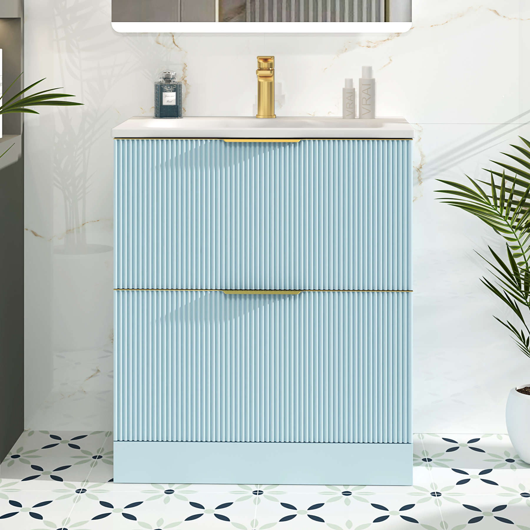 Evora 700mm Powder Blue Fluted Floor Standing Vanity Unit 2 Drawer with Matt Stone Basin & Brushed Brass Handles
