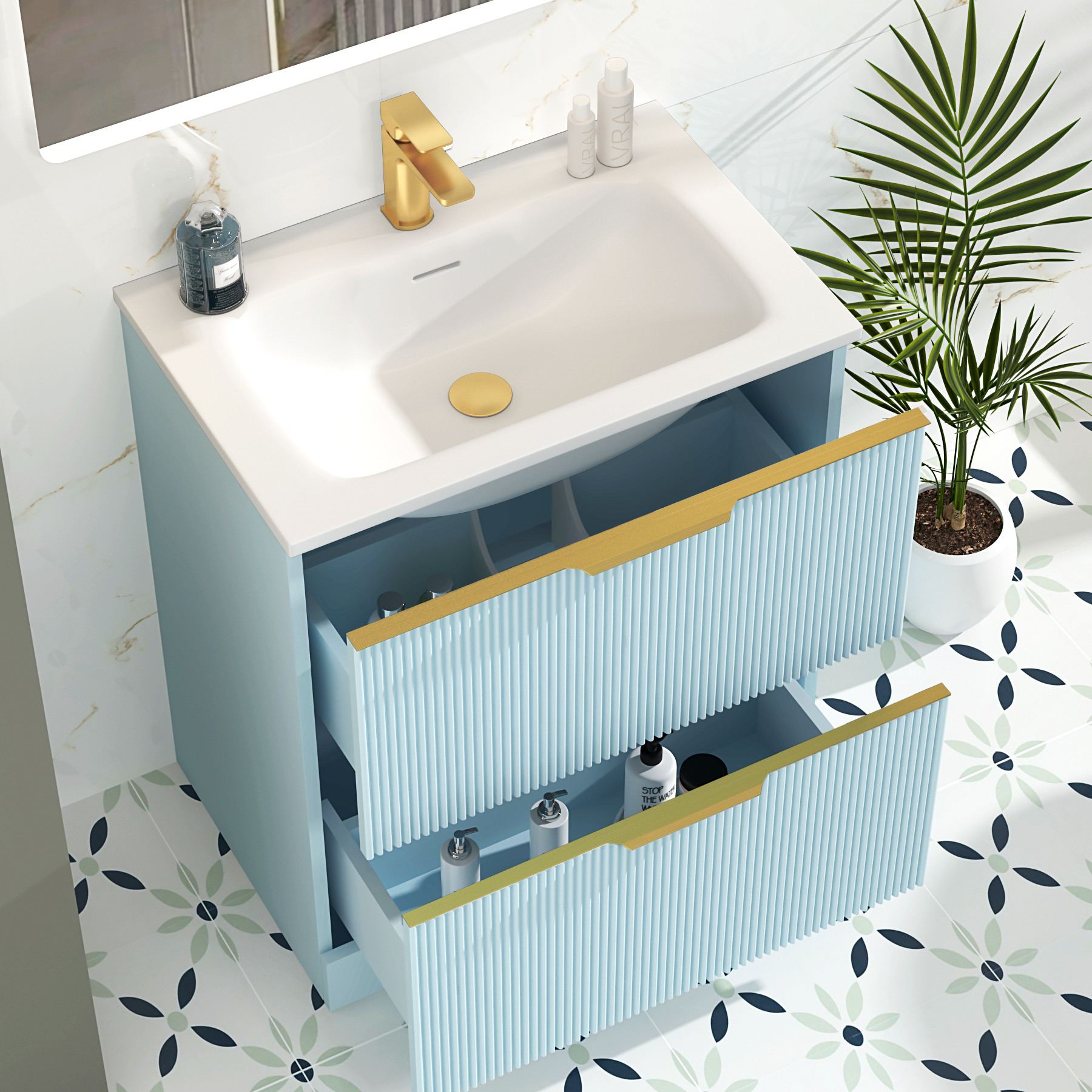 Evora 700mm Powder Blue Fluted Floor Standing Vanity Unit 2 Drawer with Matt Stone Basin & Brushed Brass Handles
