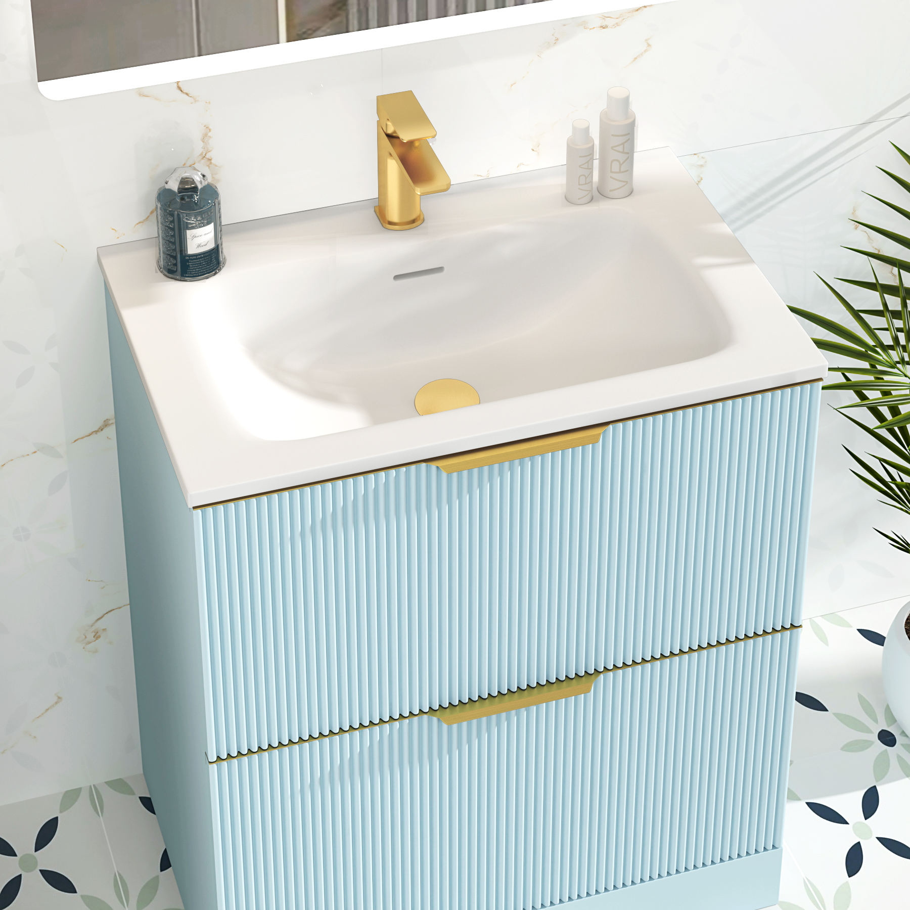 Evora 700mm Powder Blue Fluted Floor Standing Vanity Unit 2 Drawer with Matt Stone Basin & Brushed Brass Handles
