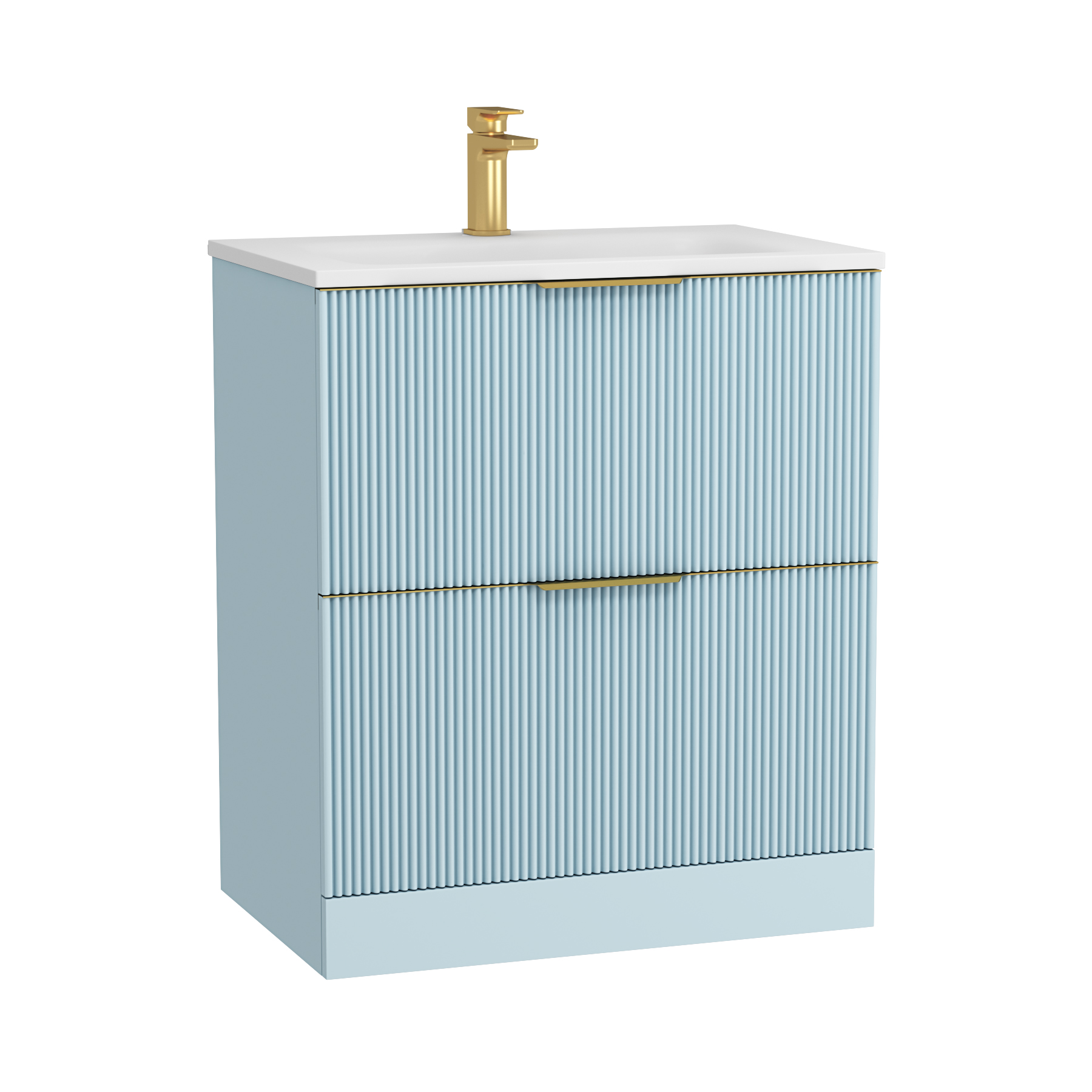 Evora 700mm Powder Blue Fluted Floor Standing Vanity Unit 2 Drawer with Matt Stone Basin & Brushed Brass Handles