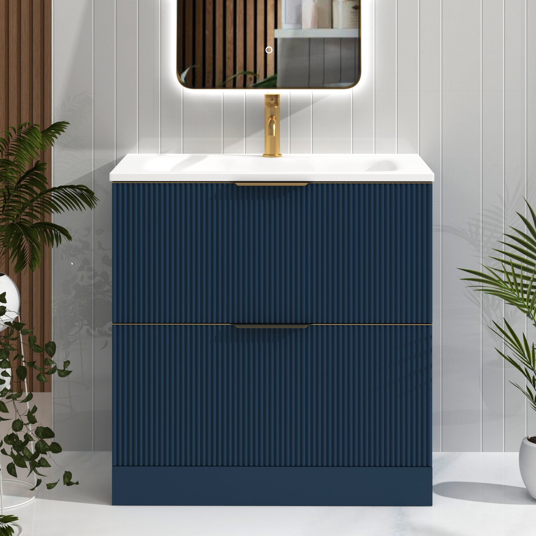 Evora 800mm Midnight Blue Fluted Floor Standing Vanity Unit 2 Drawer ...