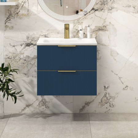 Evora 600mm Satin Blue Fluted Wall Hung Vanity Unit 2 Drawer with Undrilled Stone Basin & Brushed Brass Handles