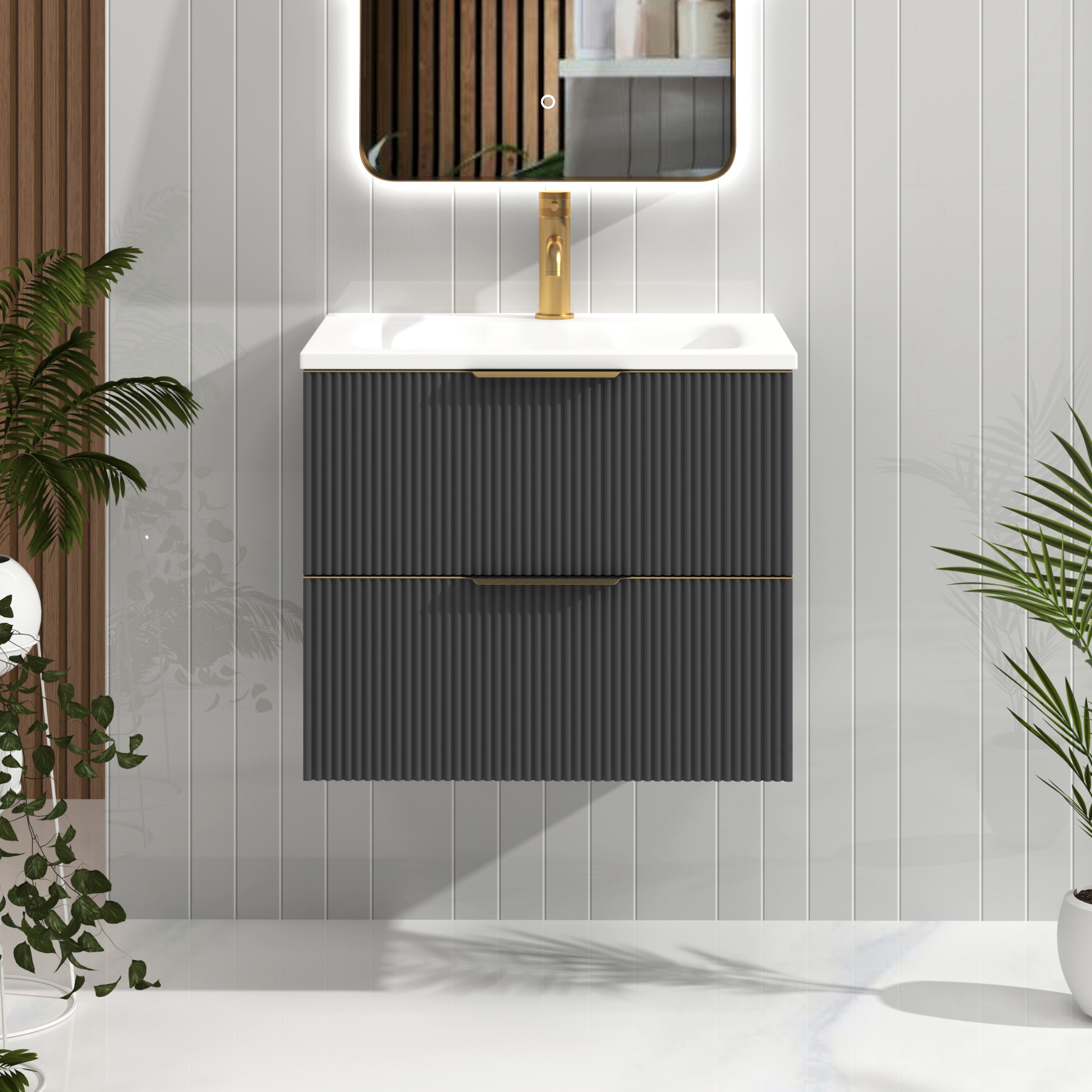 Evora 600mm Graphite Grey Fluted Wall Hung Vanity Unit 2 Drawer with Matt Stone Basin & Brushed Brass Handles