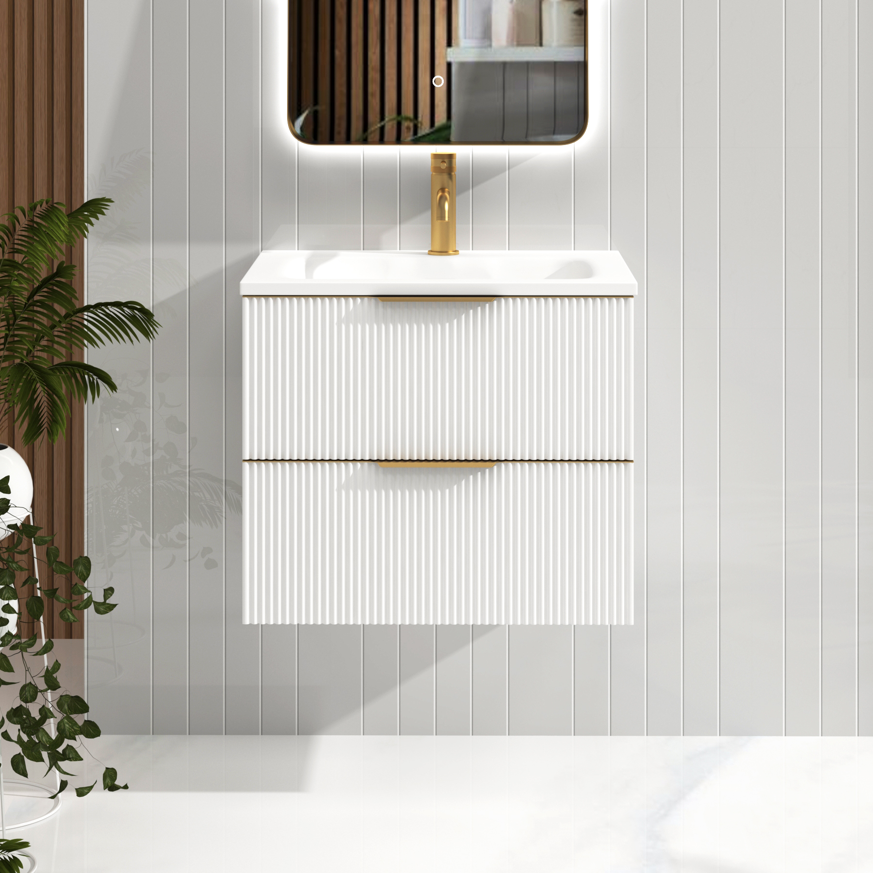 Evora 600mm Matt White Fluted Wall Hung Vanity Unit 2 Drawer with Matt Stone Basin & Brushed Brass Handles