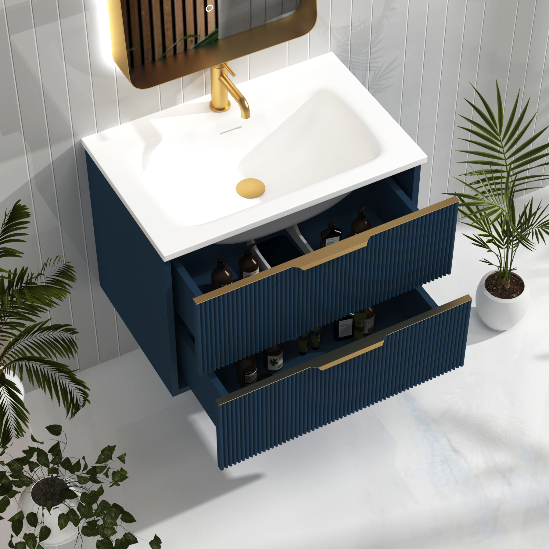 Evora 700mm Midnight Blue Fluted Wall Hung Vanity Unit 2 Drawer with Matt Stone Basin & Brushed Brass Handles