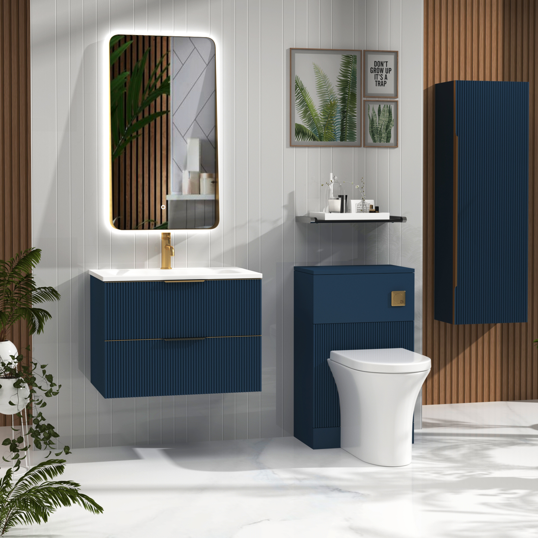 Evora 700mm Midnight Blue Fluted Wall Hung Vanity Unit 2 Drawer with Matt Stone Basin & Brushed Brass Handles