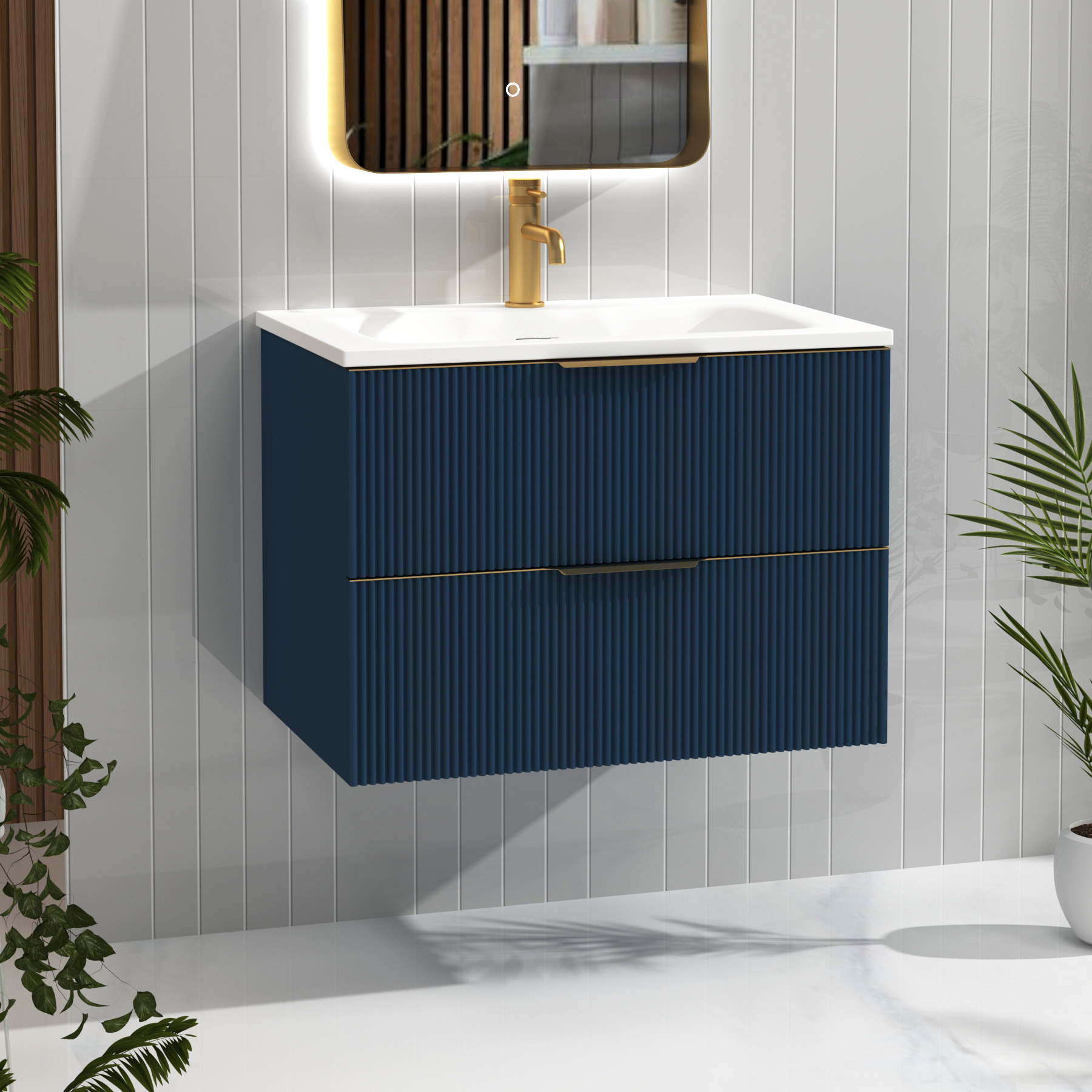Evora 700mm Midnight Blue Fluted Wall Hung Vanity Unit 2 Drawer with Matt Stone Basin & Brushed Brass Handles