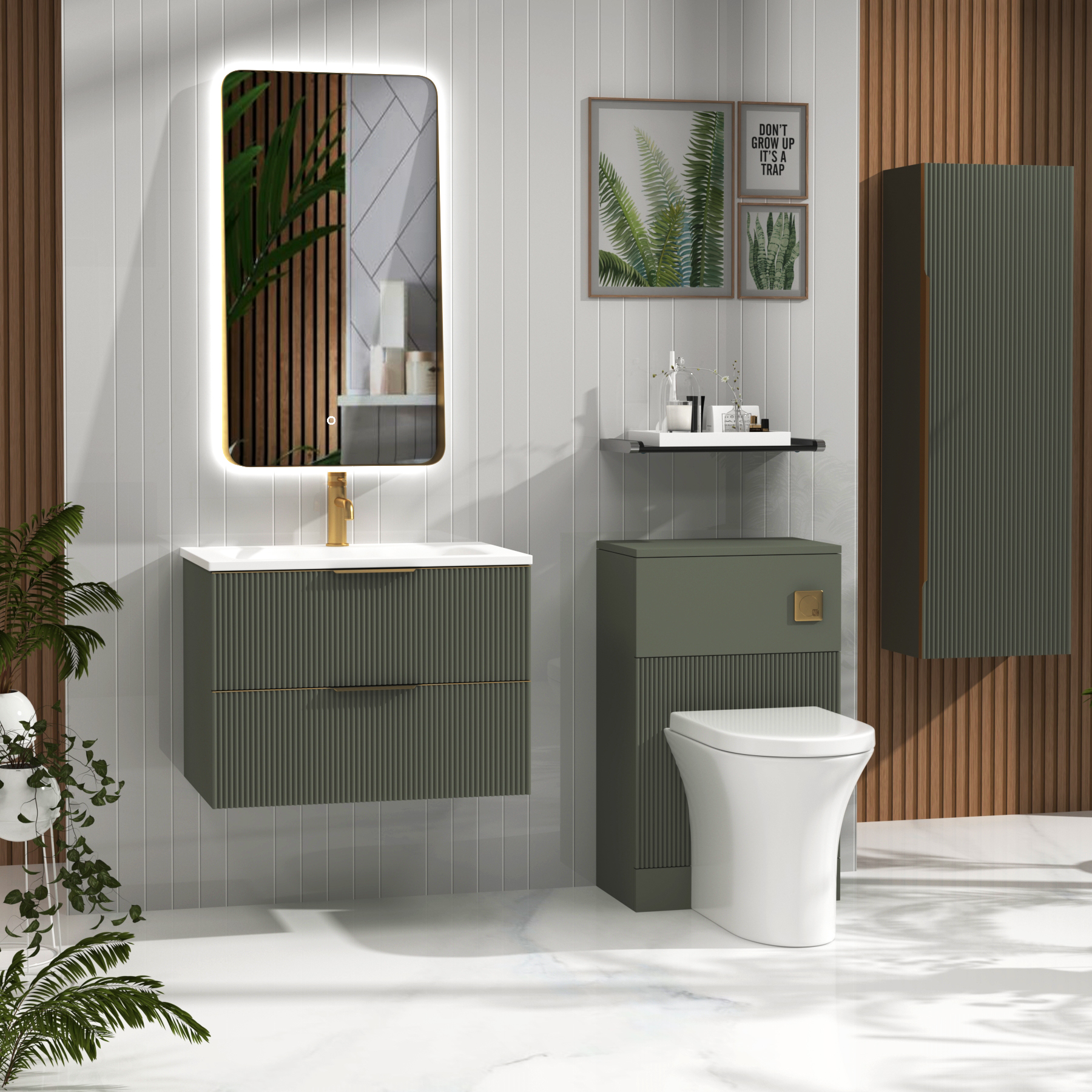 Evora 700mm Sage Green Fluted Wall Hung Vanity Unit 2 Drawer with Matt Stone Basin & Brushed Brass Handles
