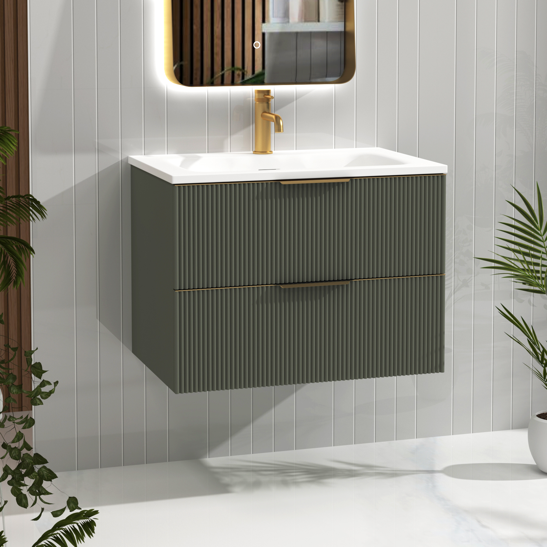 Evora 700mm Sage Green Fluted Wall Hung Vanity Unit 2 Drawer with Matt Stone Basin & Brushed Brass Handles