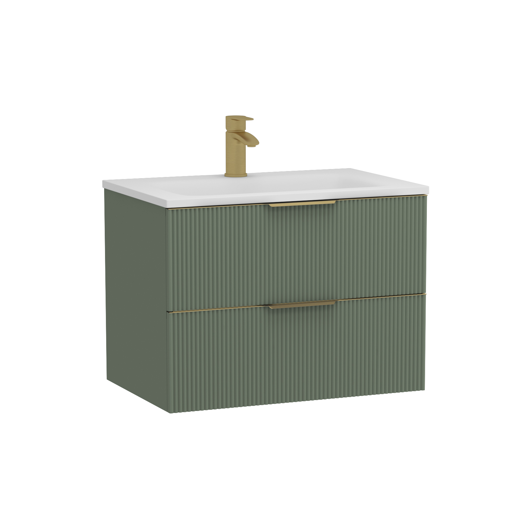 Evora 700mm Sage Green Fluted Wall Hung Vanity Unit 2 Drawer with Matt Stone Basin & Brushed Brass Handles
