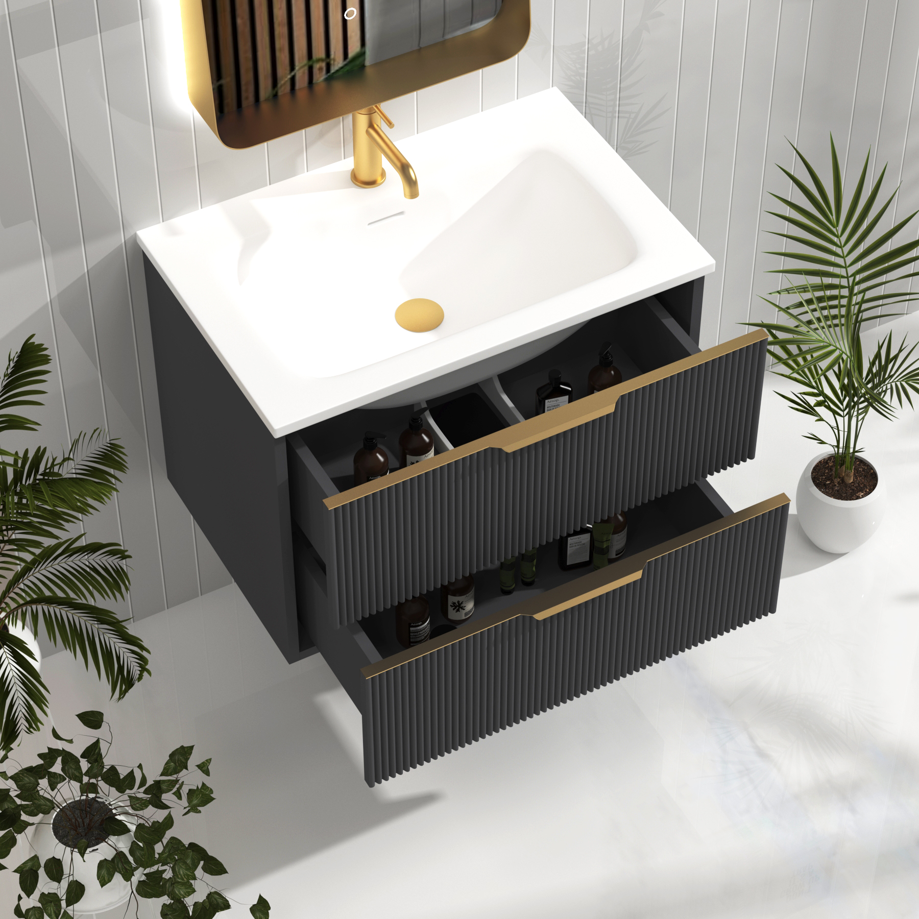 Evora 700mm Graphite Grey Fluted Wall Hung Vanity Unit 2 Drawer with Matt Stone Basin & Brushed Brass Handles