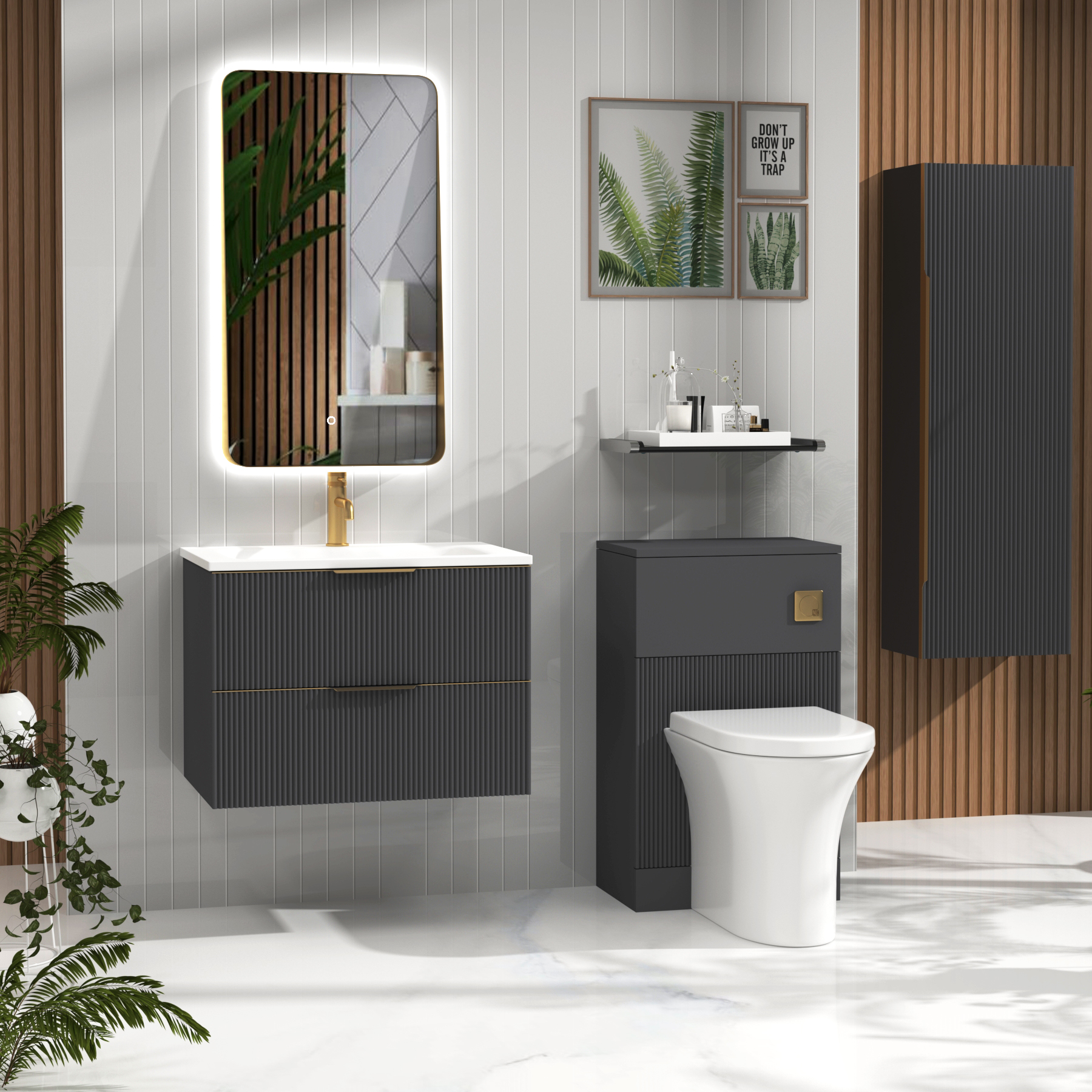 Evora 700mm Graphite Grey Fluted Wall Hung Vanity Unit 2 Drawer with Matt Stone Basin & Brushed Brass Handles