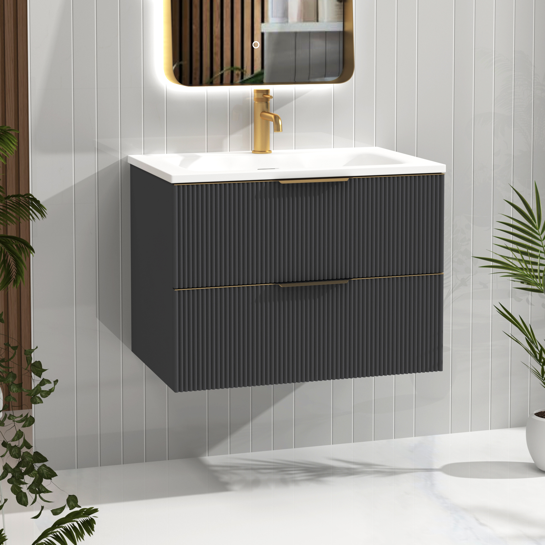 Evora 700mm Graphite Grey Fluted Wall Hung Vanity Unit 2 Drawer with Matt Stone Basin & Brushed Brass Handles
