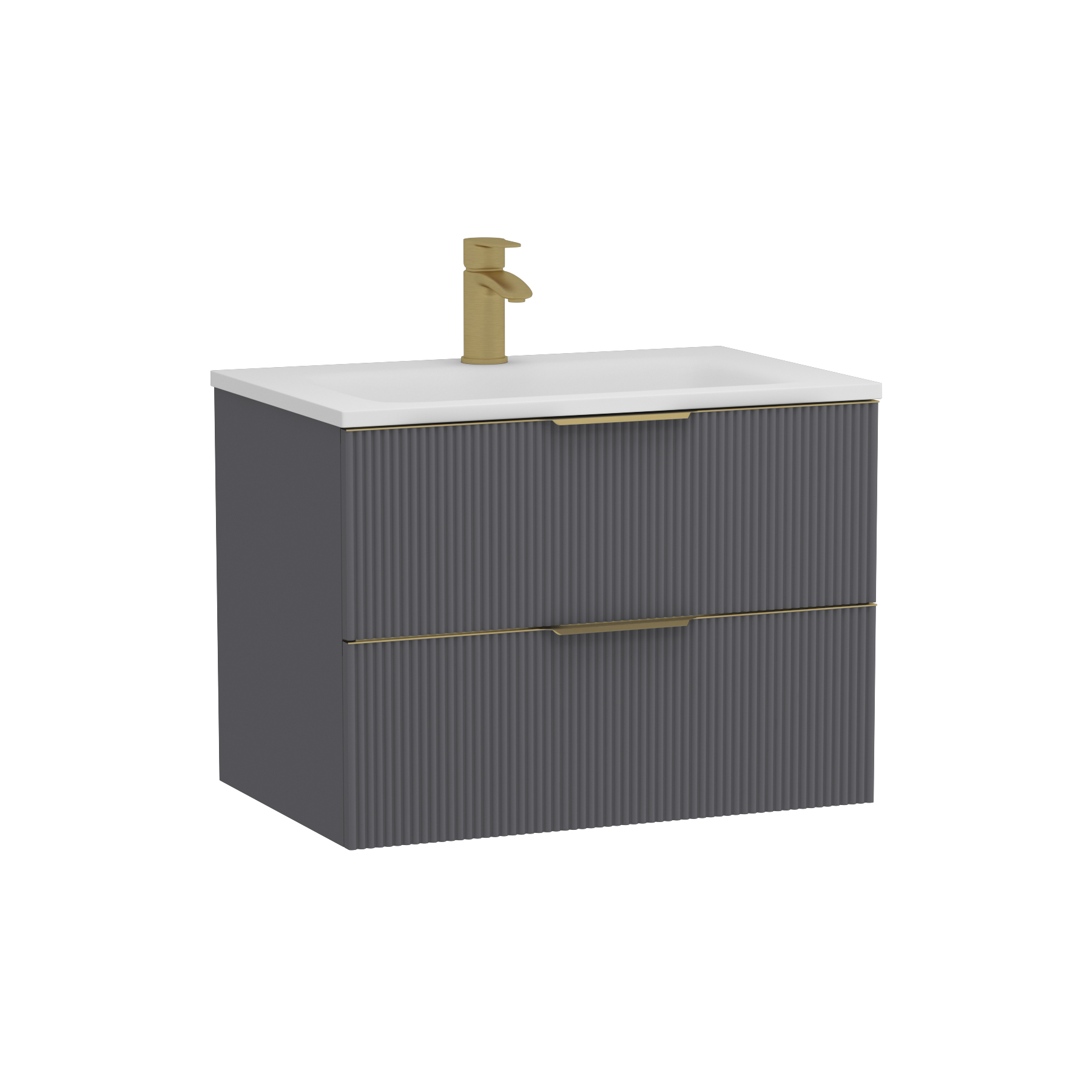 Evora 700mm Graphite Grey Fluted Wall Hung Vanity Unit 2 Drawer with Matt Stone Basin & Brushed Brass Handles