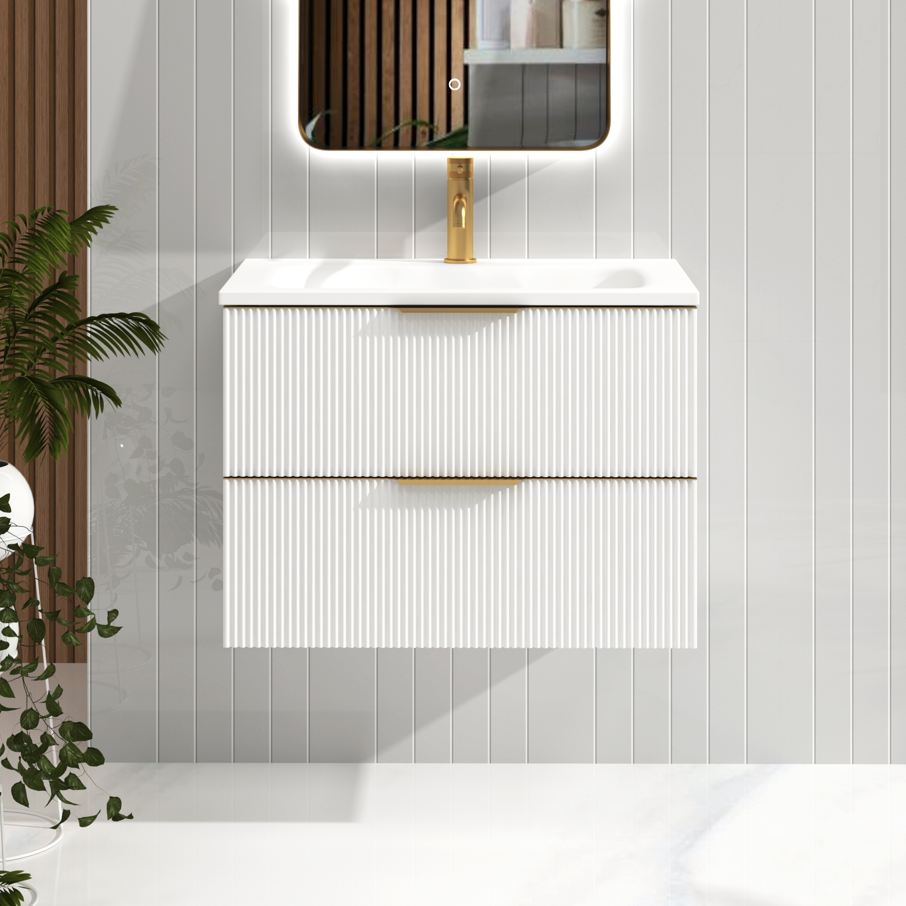 Evora 700mm Matt White Fluted Wall Hung Vanity Unit 2 Drawer with Matt Stone Basin & Brushed Brass Handles