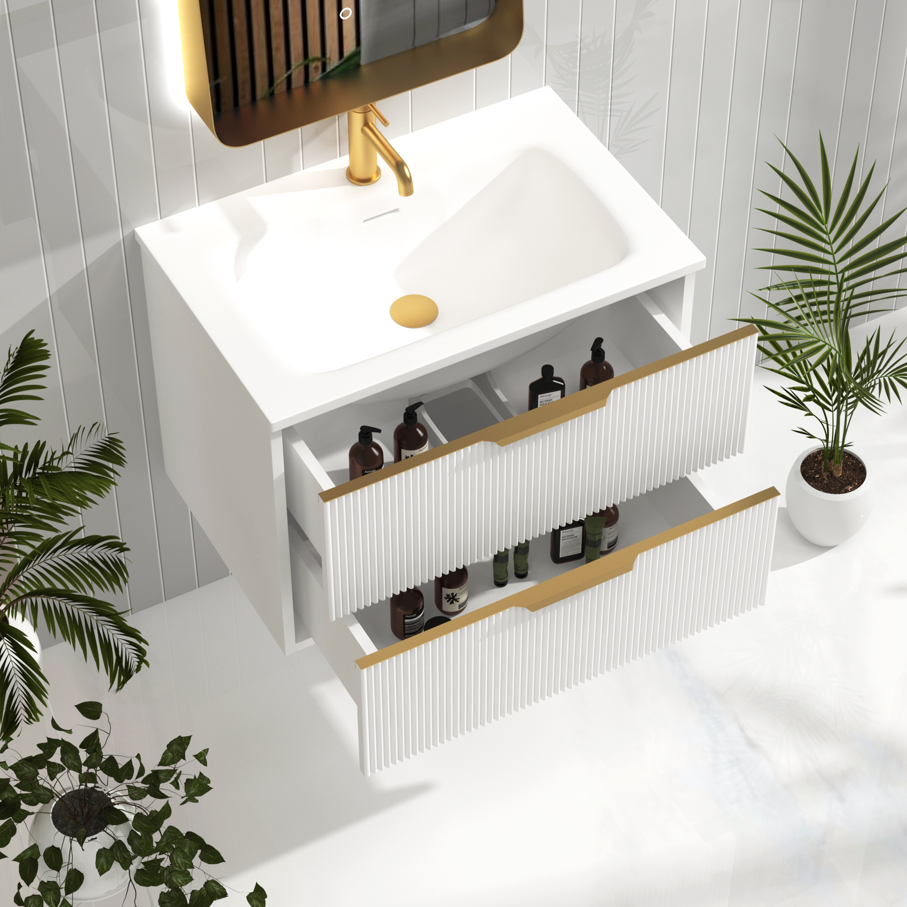 Evora 700mm Matt White Fluted Wall Hung Vanity Unit 2 Drawer with Matt Stone Basin & Brushed Brass Handles