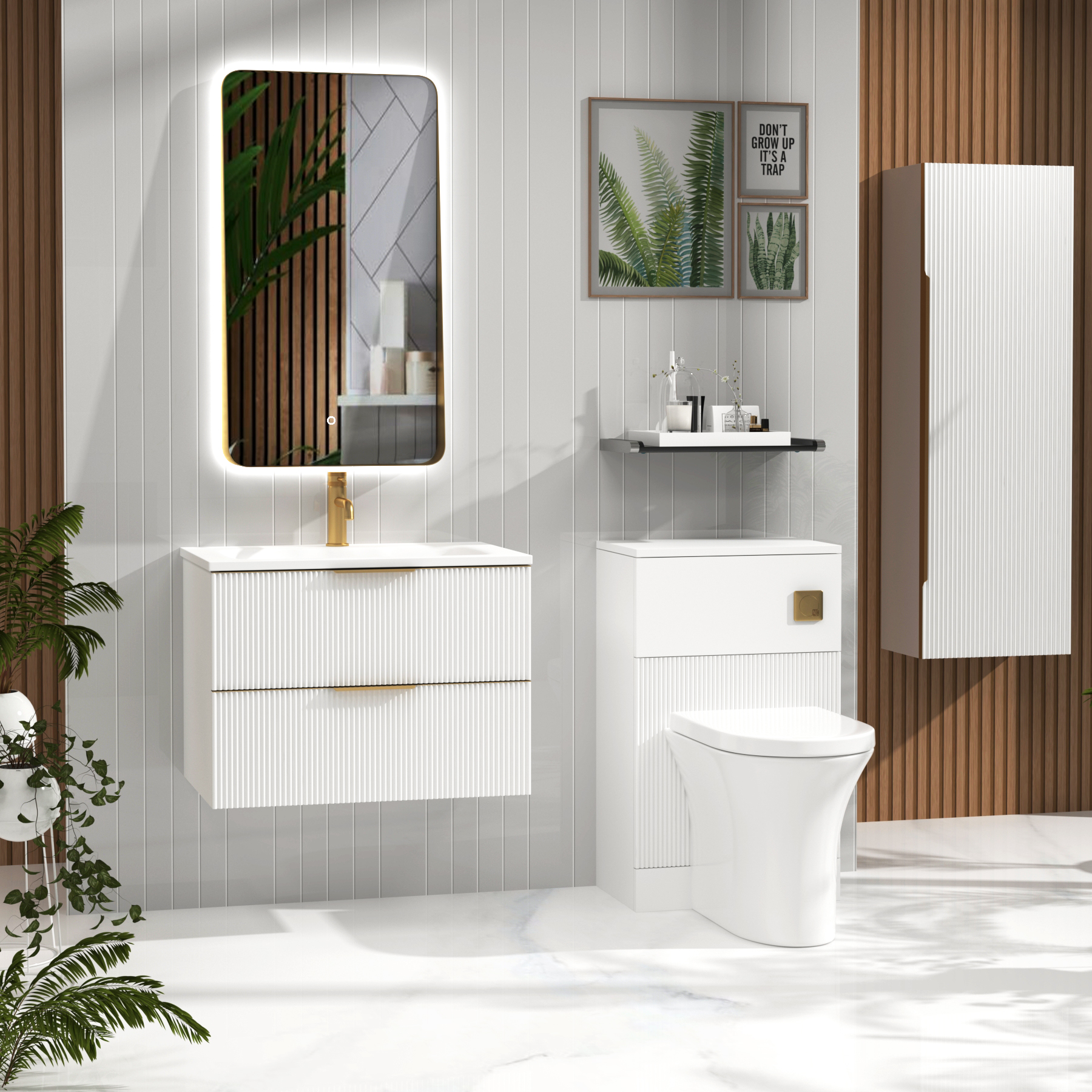 Evora 700mm Matt White Fluted Wall Hung Vanity Unit 2 Drawer with Matt Stone Basin & Brushed Brass Handles