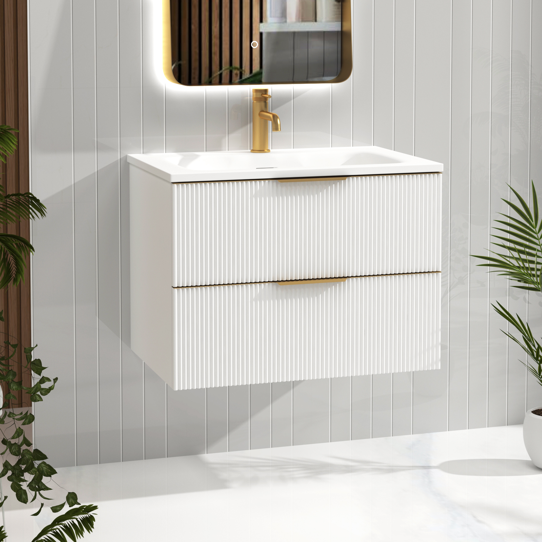 Evora 700mm Matt White Fluted Wall Hung Vanity Unit 2 Drawer with Matt Stone Basin & Brushed Brass Handles