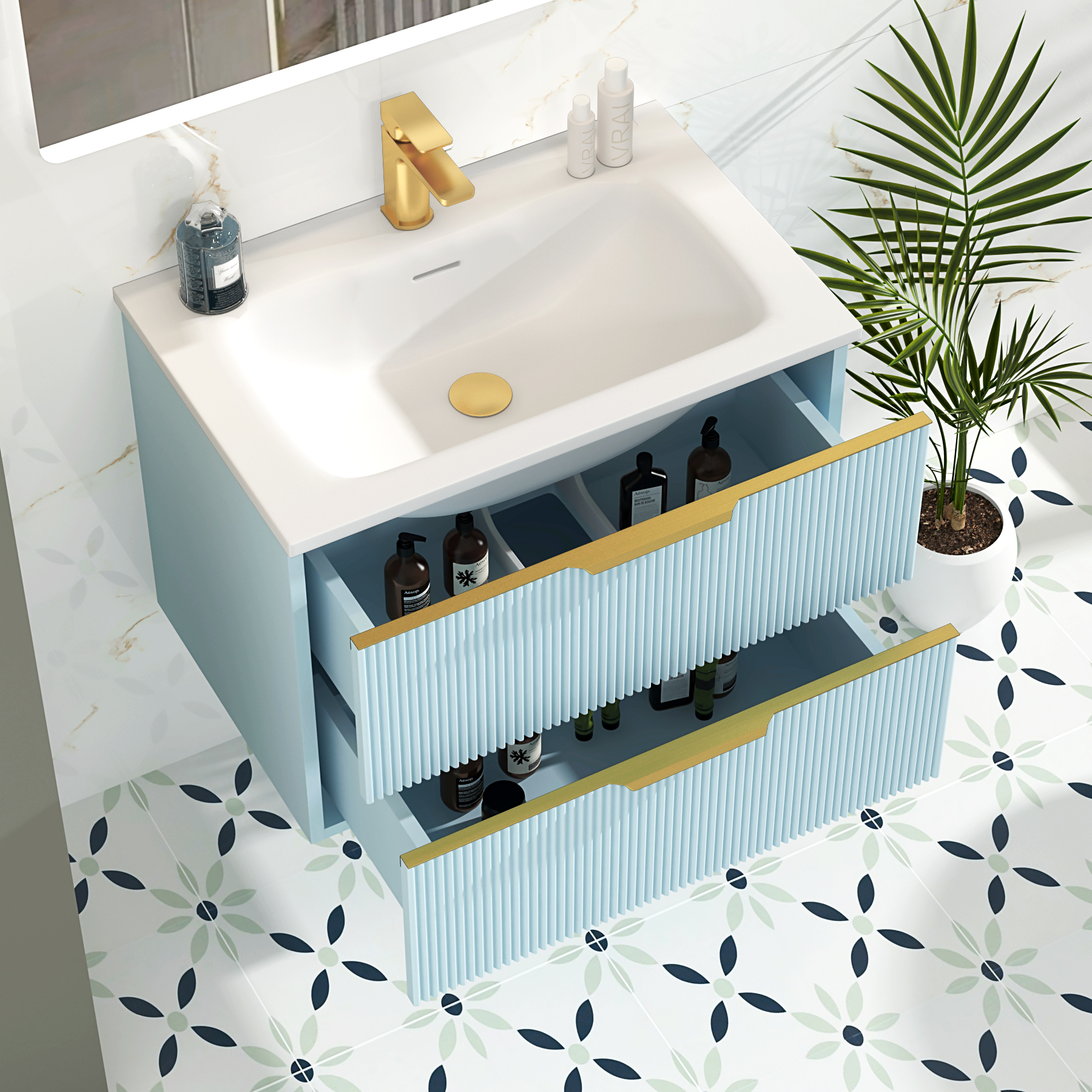 Evora 700mm Powder Blue Fluted Wall Hung Vanity Unit 2 Drawer with Matt Stone Basin & Brushed Brass Handles