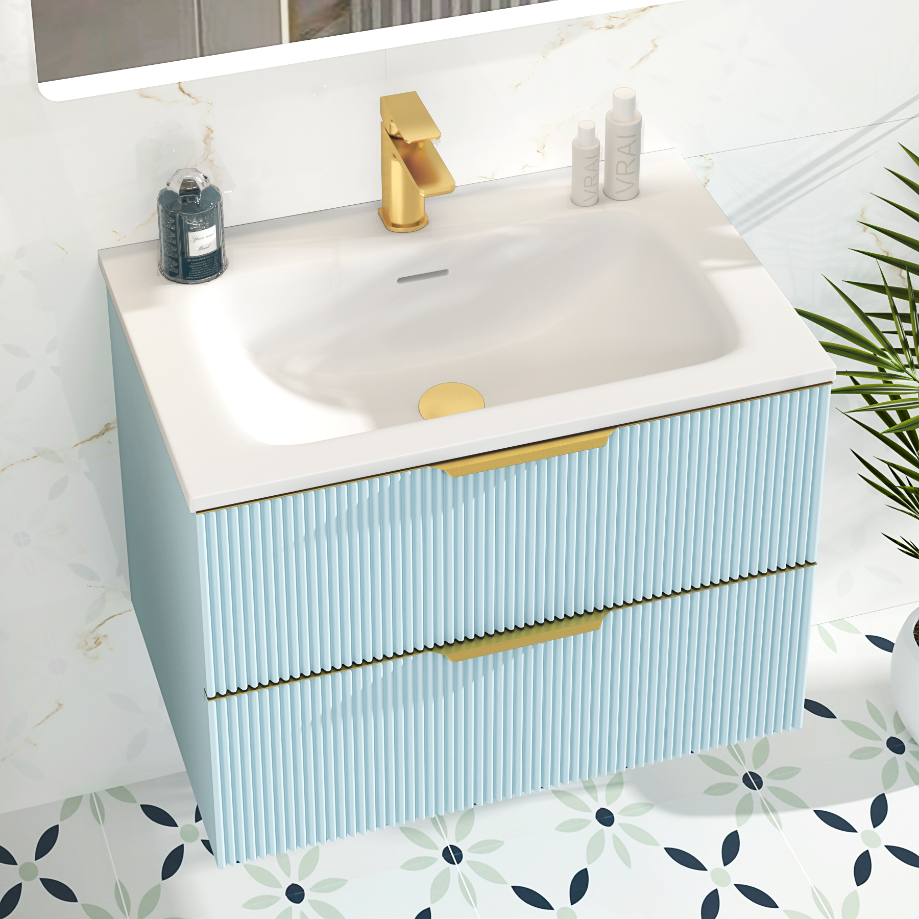 Evora 700mm Powder Blue Fluted Wall Hung Vanity Unit 2 Drawer with Matt Stone Basin & Brushed Brass Handles