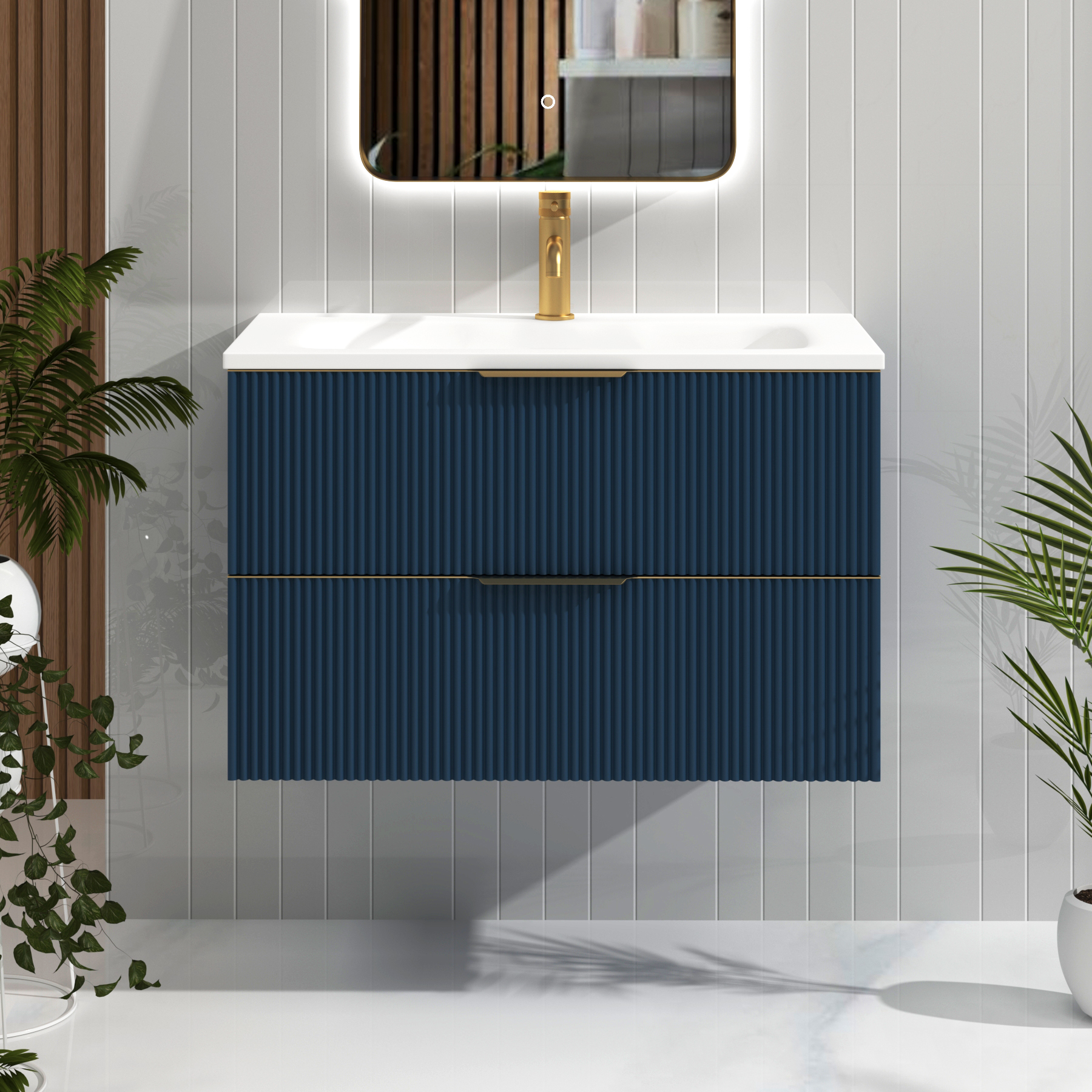 Evora Midnight Blue Fluted Wall Hung Vanity Unit 2 Drawer with Optional Basin & Various Handles