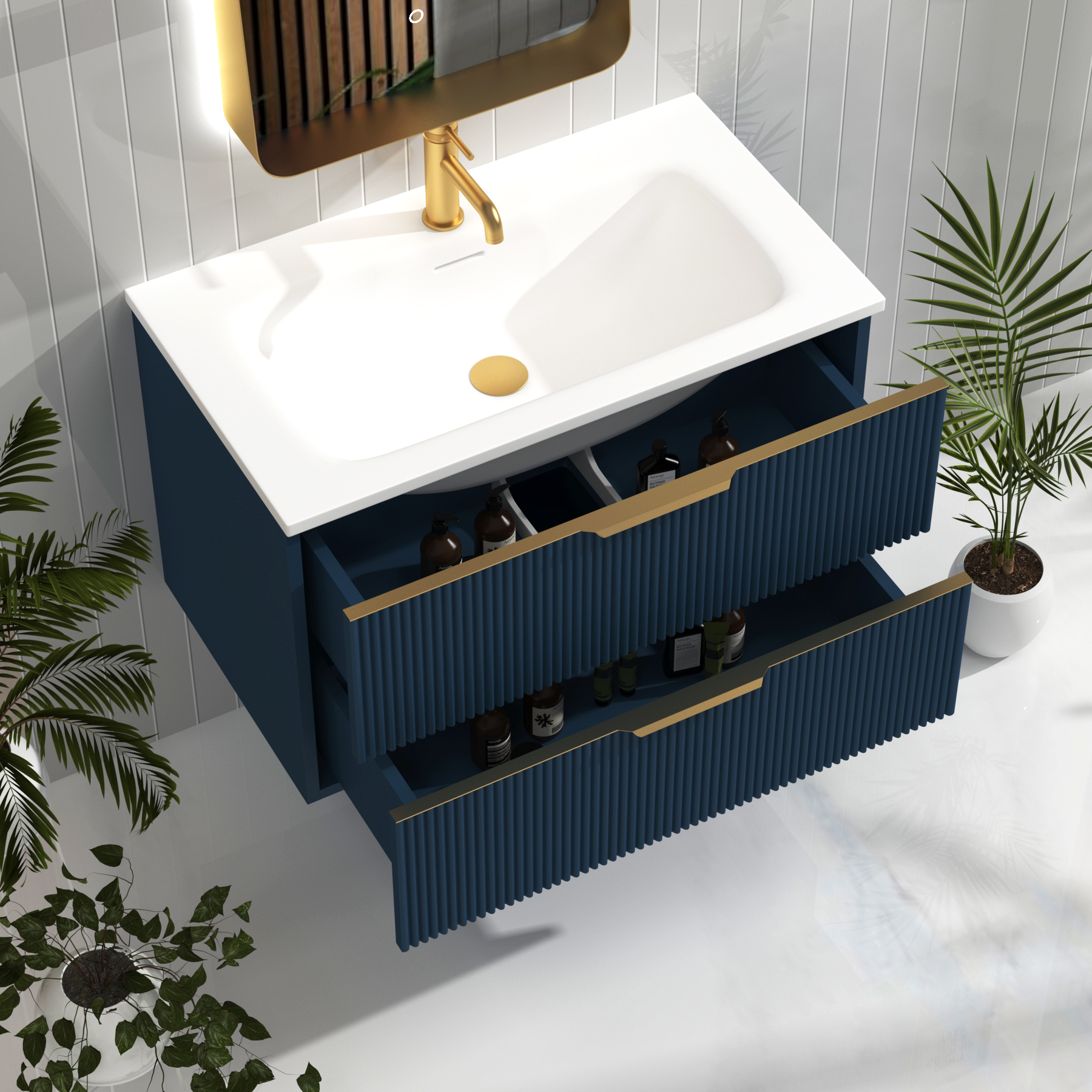 Evora Midnight Blue Fluted Wall Hung Vanity Unit 2 Drawer with Optional Basin & Various Handles