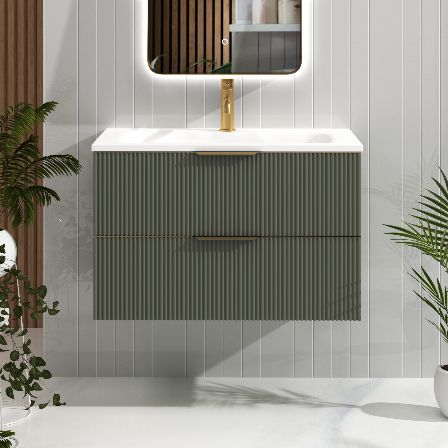 Evora Sage Green Fluted Wall Hung Vanity Unit 2 Drawer with Optional Basin & Various Handles