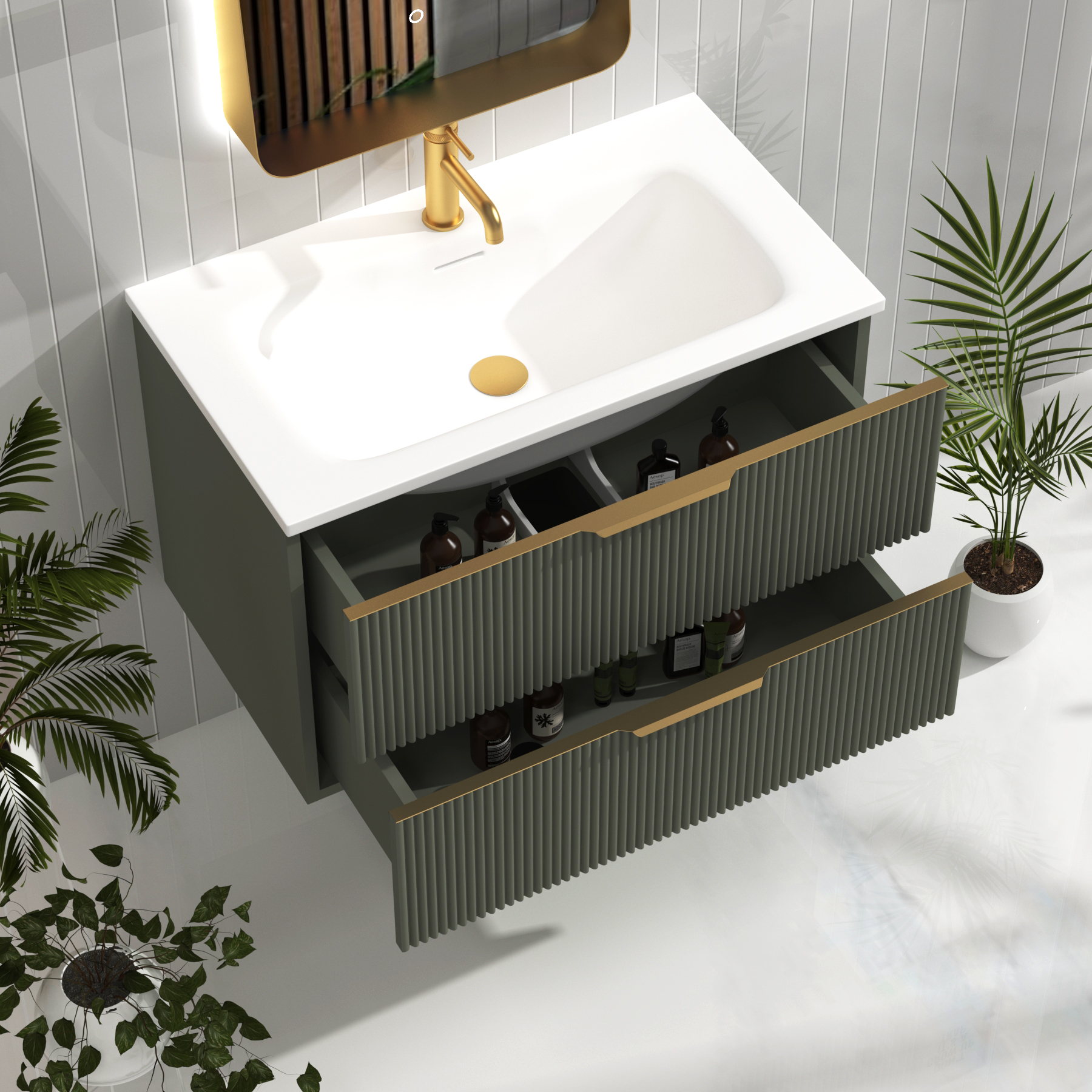 Evora Sage Green Fluted Wall Hung Vanity Unit 2 Drawer with Optional Basin & Various Handles