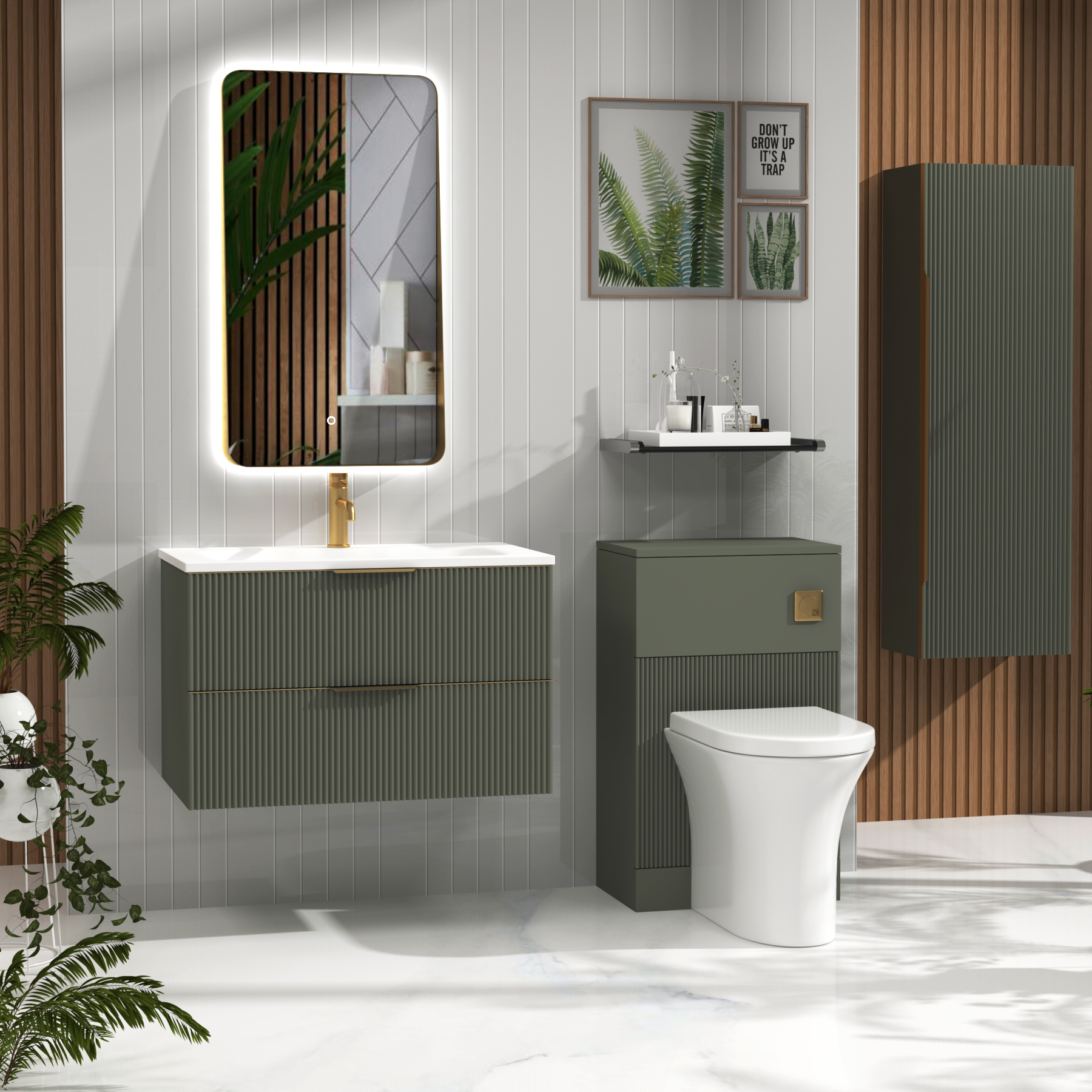 Evora Sage Green Fluted Wall Hung Vanity Unit 2 Drawer with Optional Basin & Various Handles