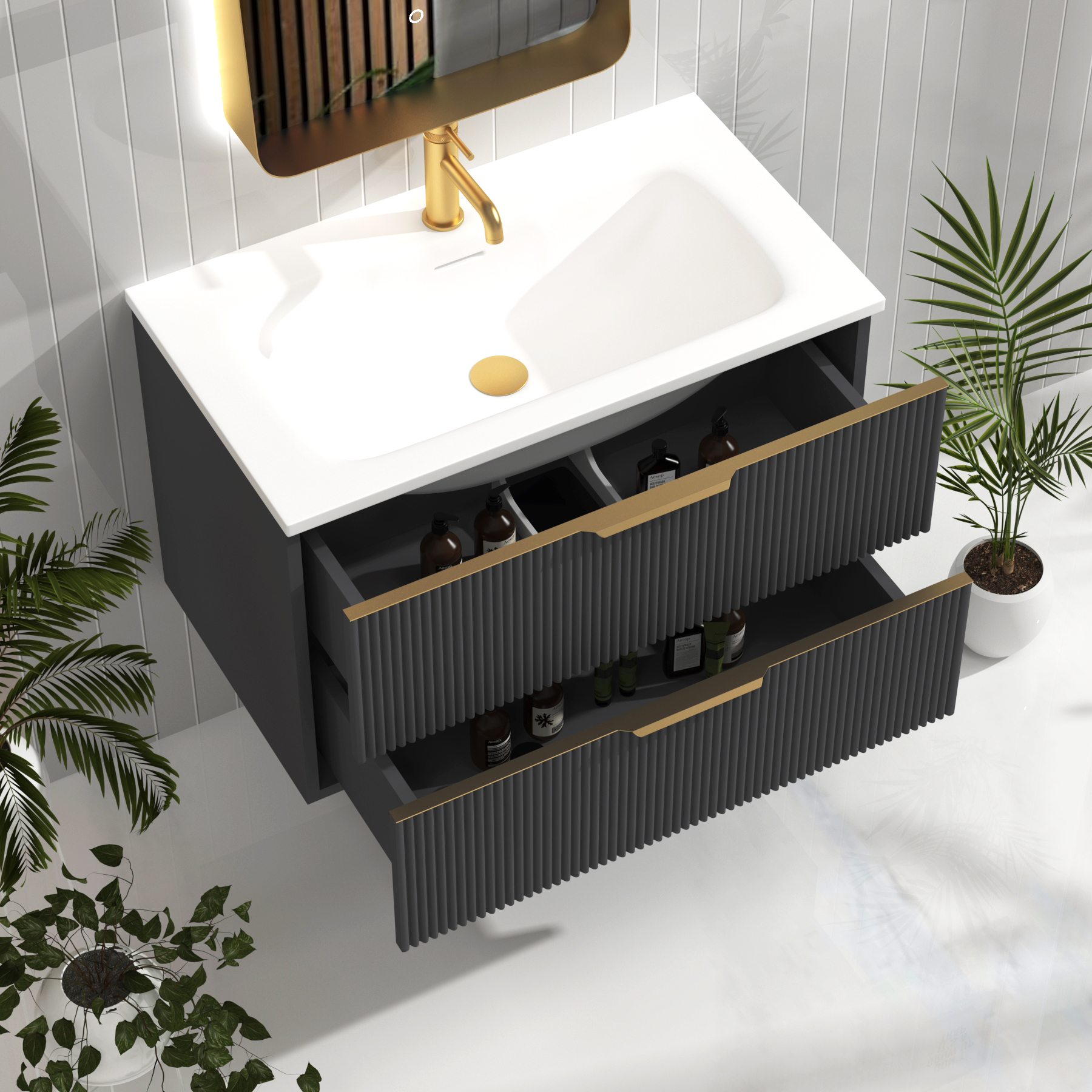 Evora Graphite Grey Fluted Wall Hung Vanity Unit 2 Drawer with Optional Basin & Various Handles