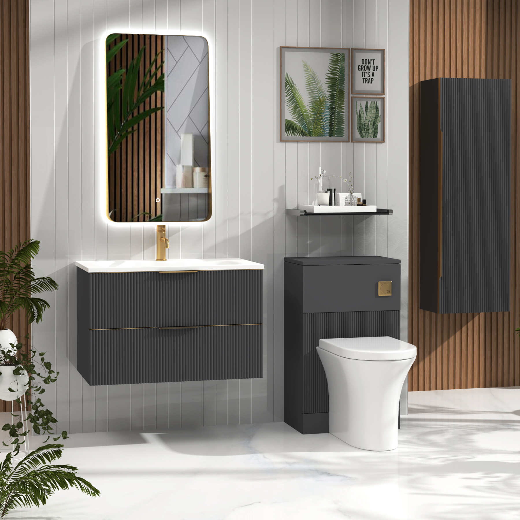 Evora Graphite Grey Fluted Wall Hung Vanity Unit 2 Drawer with Optional Basin & Various Handles