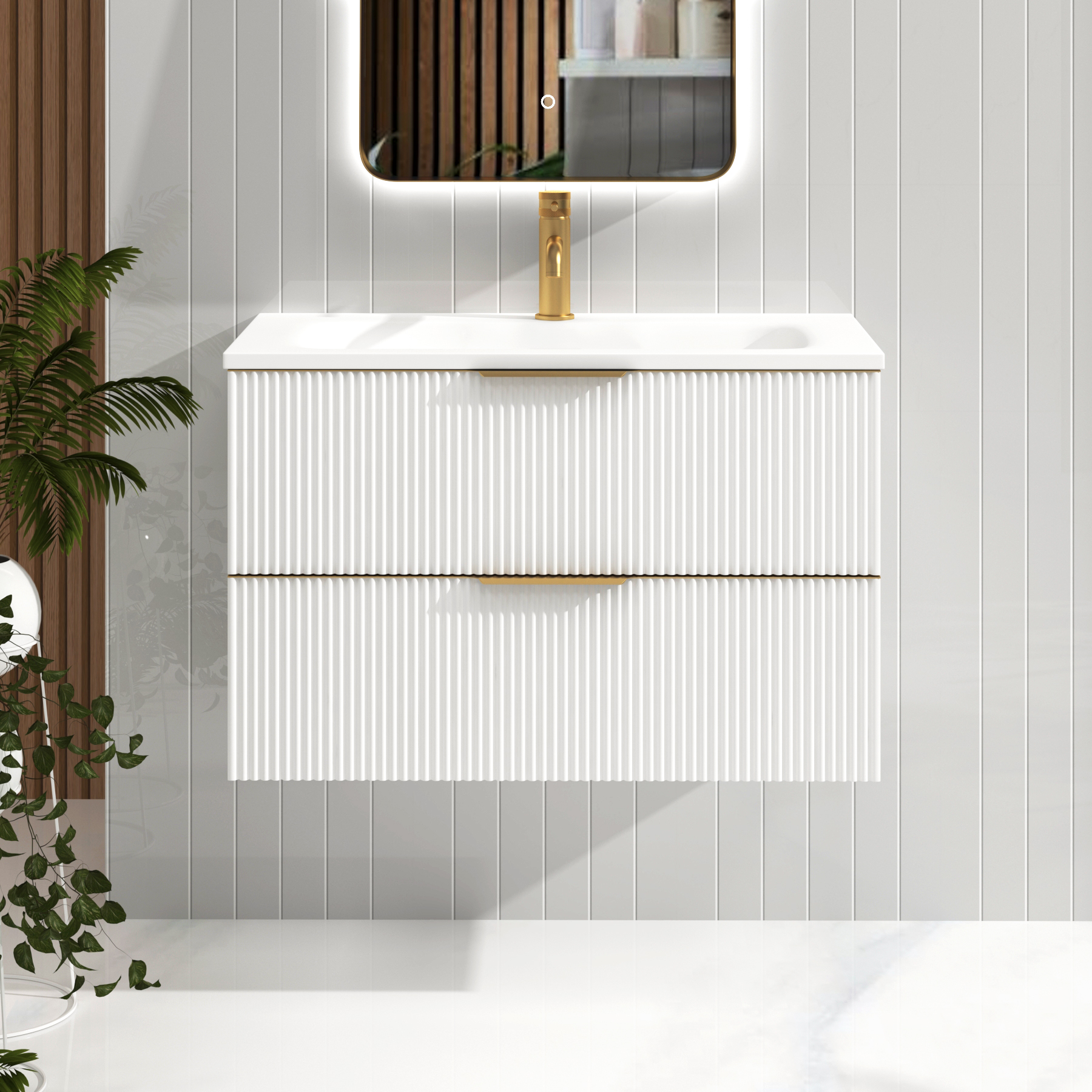 Evora Matt White Fluted Wall Hung Vanity Unit 2 Drawer with Optional Basin & Various Handles