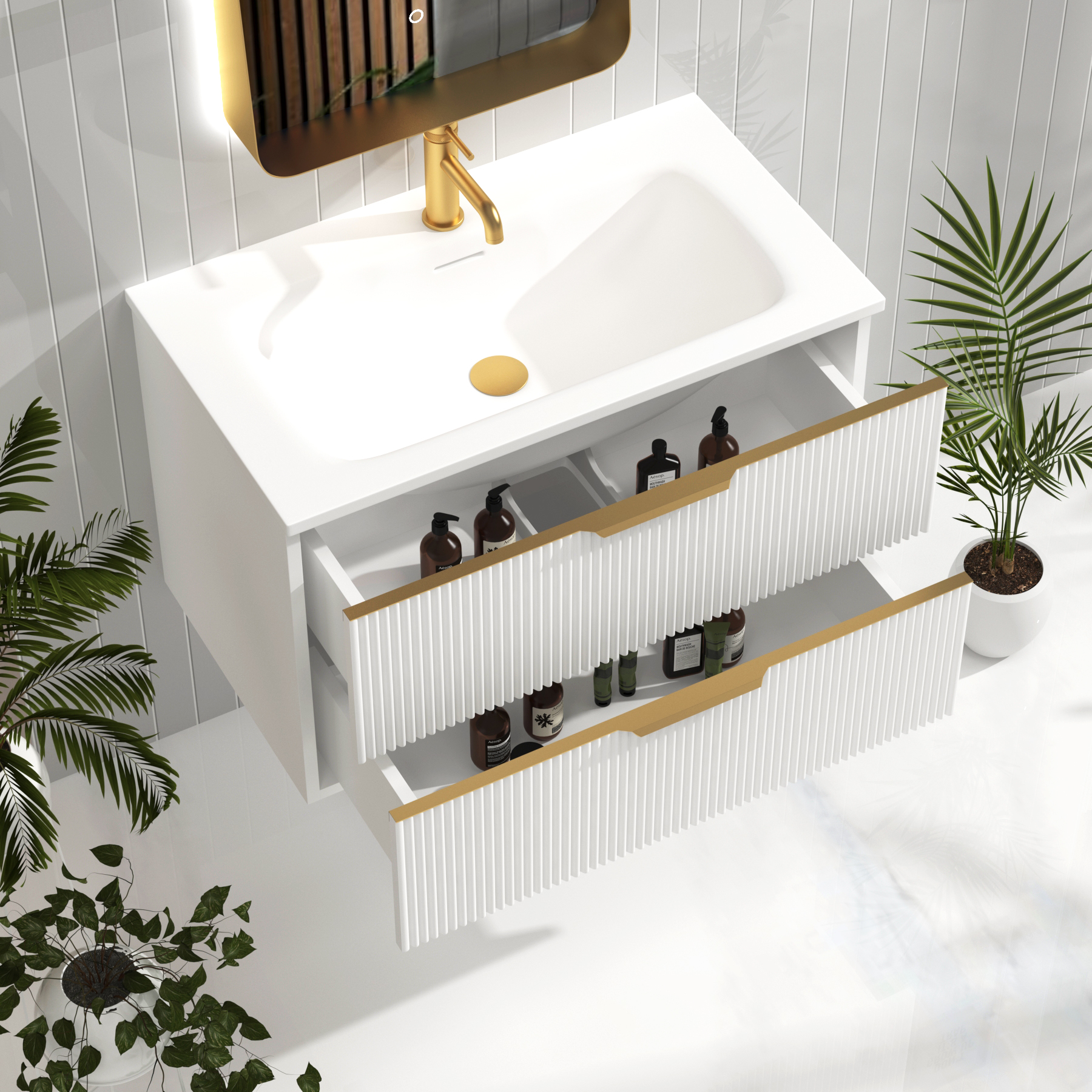 Evora Matt White Fluted Wall Hung Vanity Unit 2 Drawer with Optional Basin & Various Handles