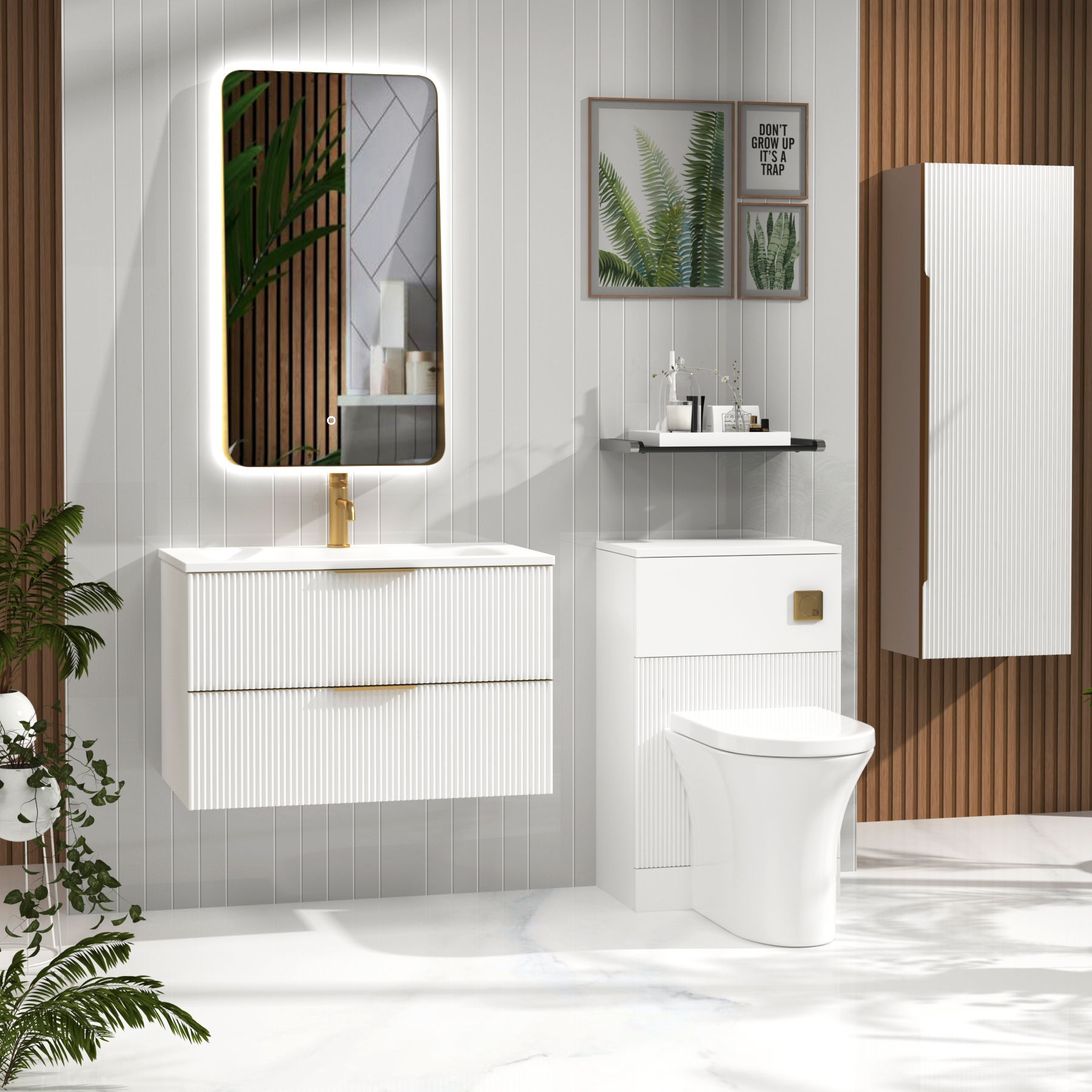 Evora Matt White Fluted Wall Hung Vanity Unit 2 Drawer with Optional Basin & Various Handles