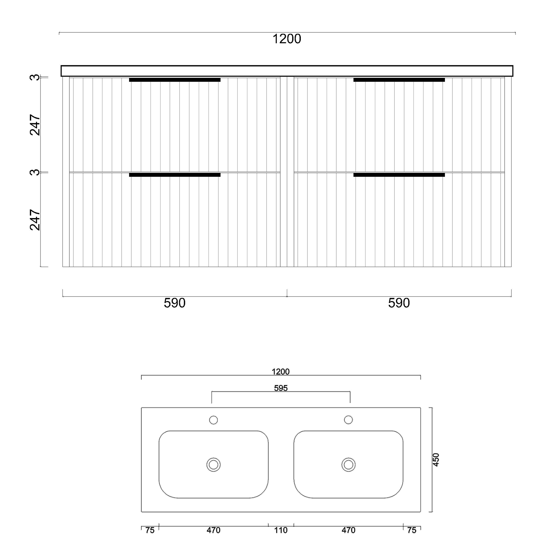 Evora 1200mm Matt White Fluted Wall Hung Vanity Unit 4 Drawer with Ceramic Basin