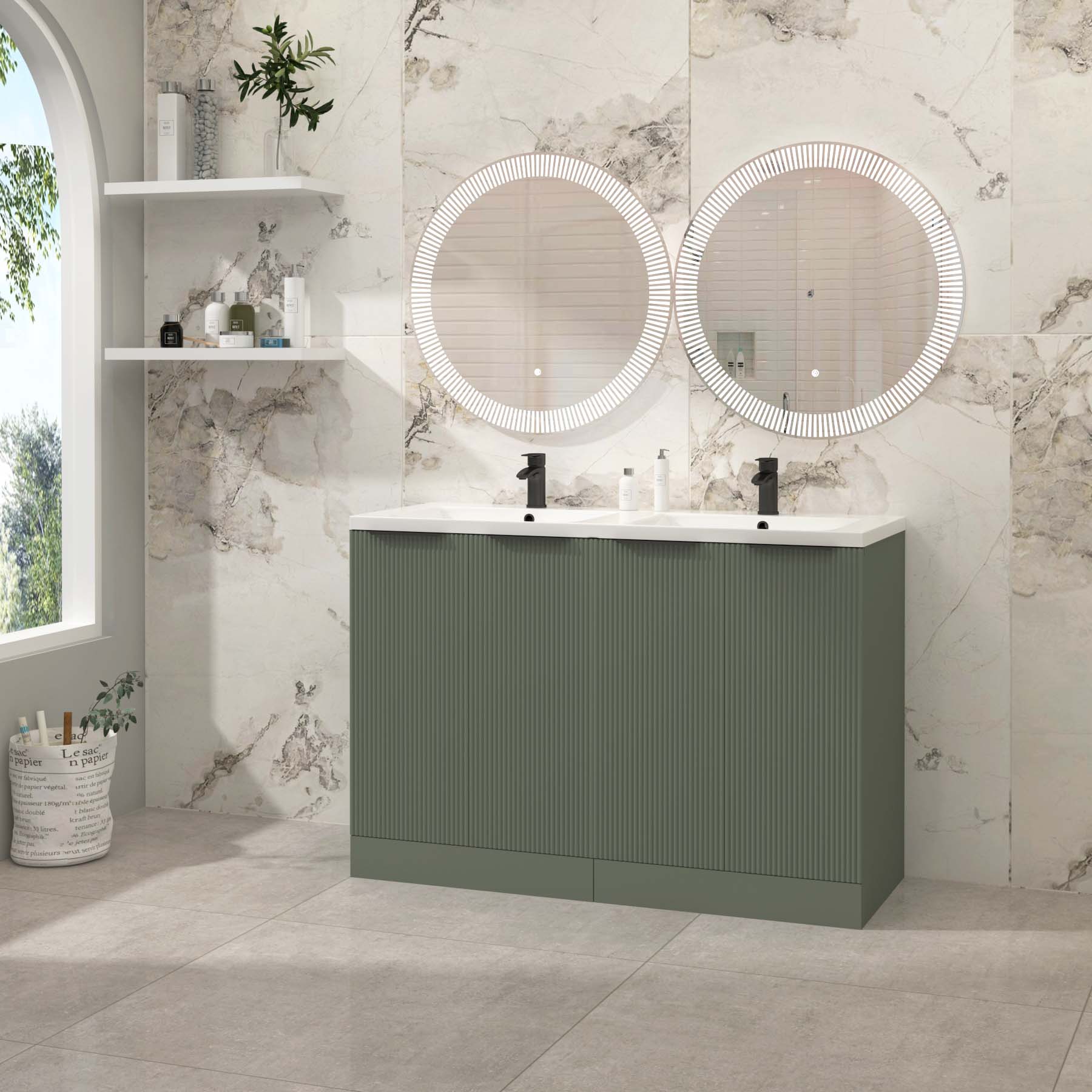 Evora 1200mm Sage Green Fluted Floor Standing Vanity Unit 4 Door with Ceramic Basin & Various Handles