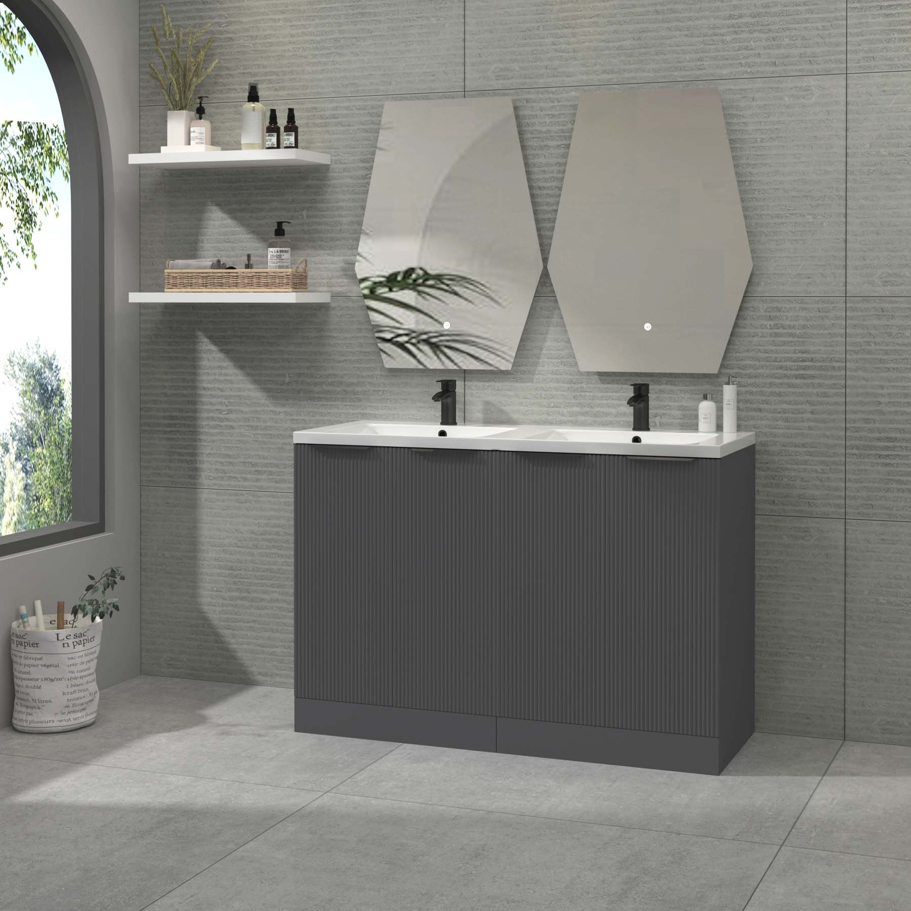 Evora 1200mm Graphite Grey Fluted Floor Standing Vanity Unit 4 Door with Ceramic Basin & Matt Black Handles