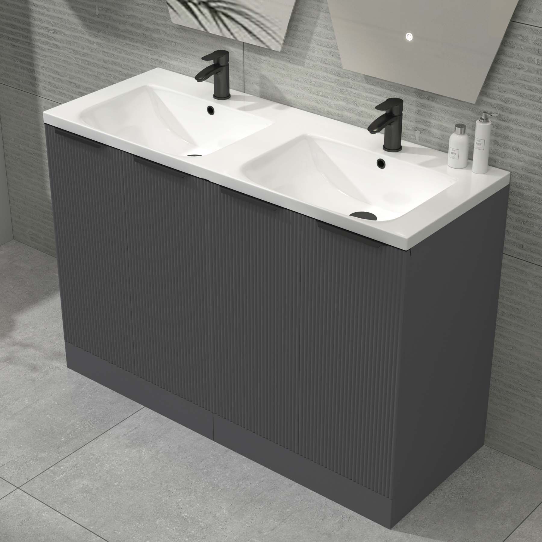Evora 1200mm Graphite Grey Fluted Floor Standing Vanity Unit 4 Door with Ceramic Basin & Matt Black Handles