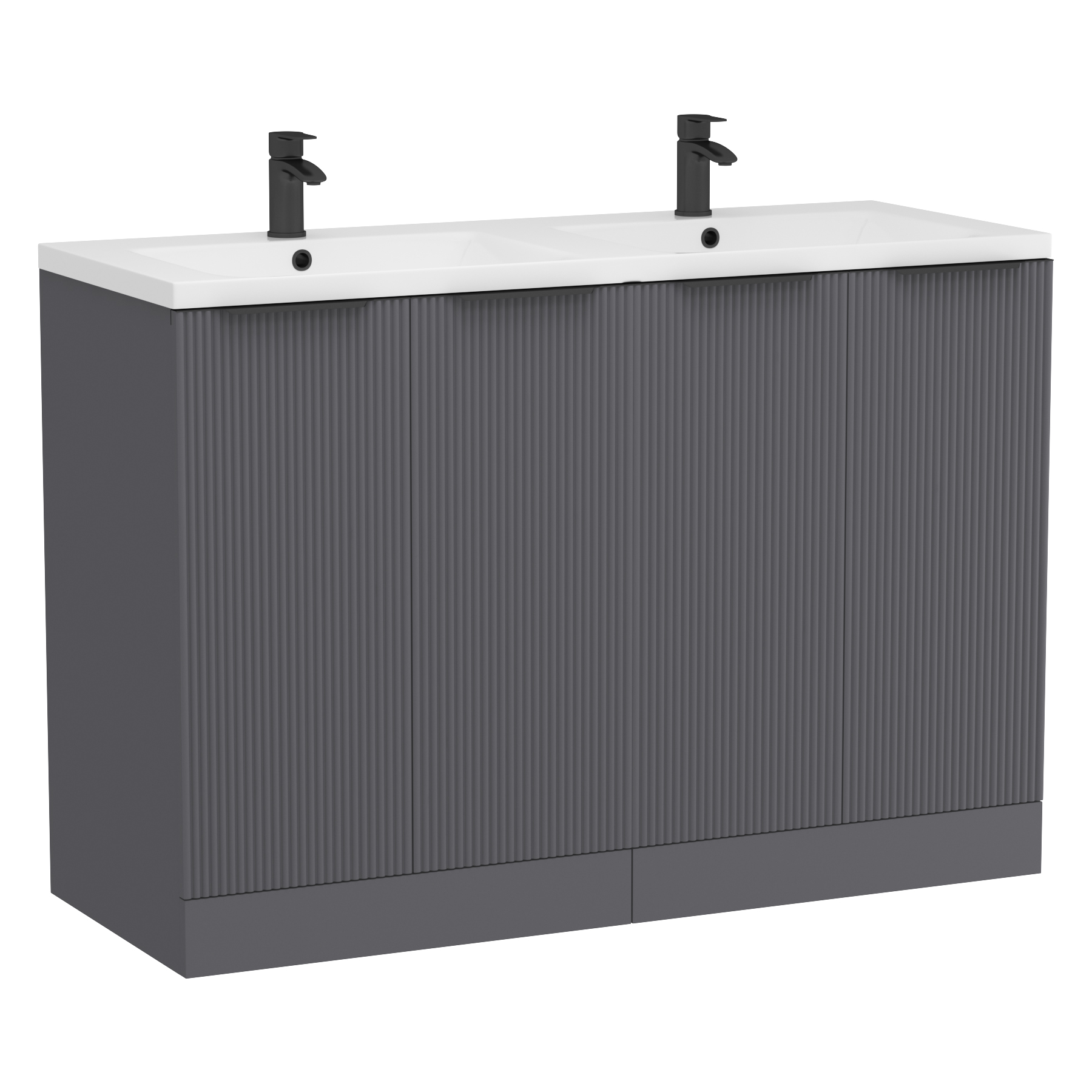 Evora 1200mm Graphite Grey Fluted Floor Standing Vanity Unit 4 Door with Ceramic Basin & Matt Black Handles