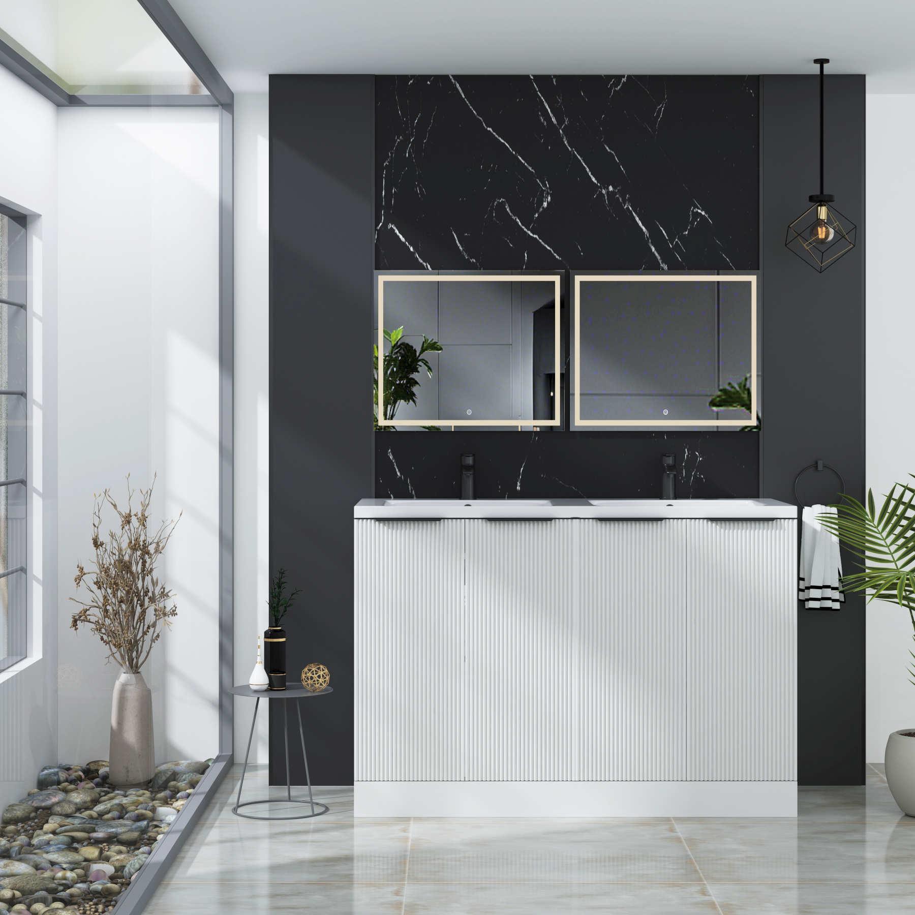 Evora 1200mm Matt White Fluted Floor Standing Vanity Unit 4 Door with Ceramic Basin & Various Handles