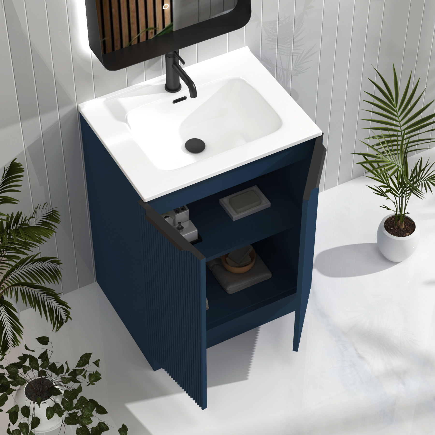 Evora Midnight Blue Fluted Floor Standing Vanity Unit 2 Door with Optional Basin & Various Handles