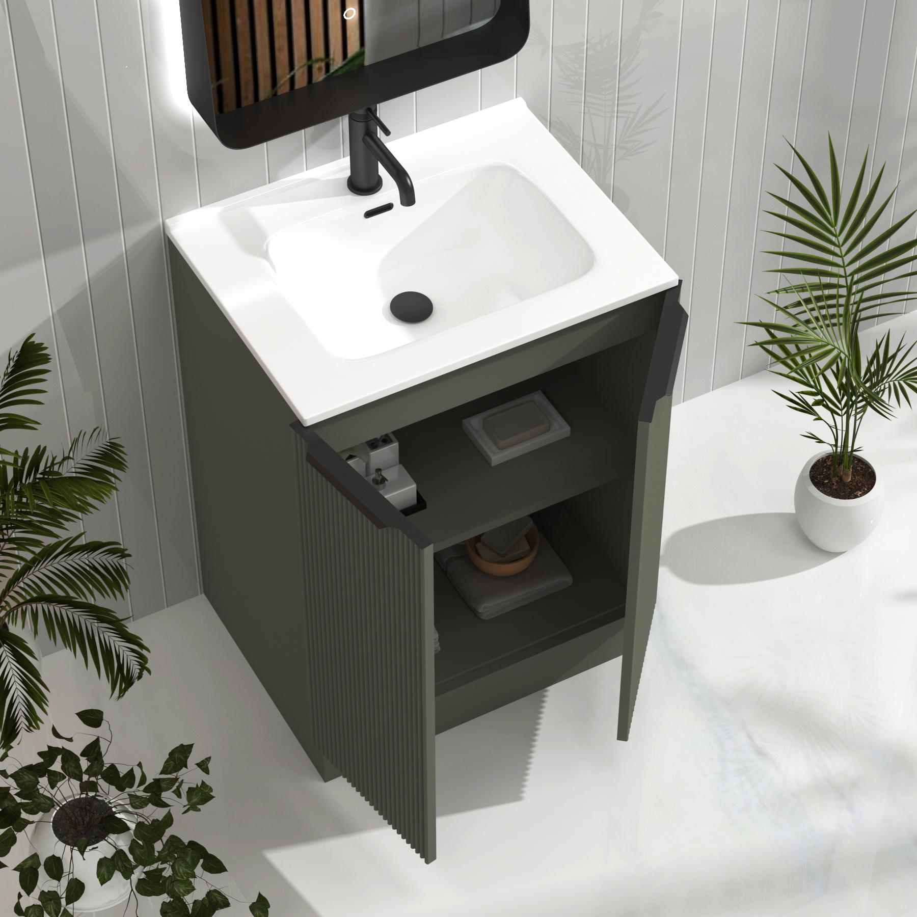 Evora Sage Green Fluted Floor Standing Vanity Unit 2 Door with Optional Basin & Various Handles